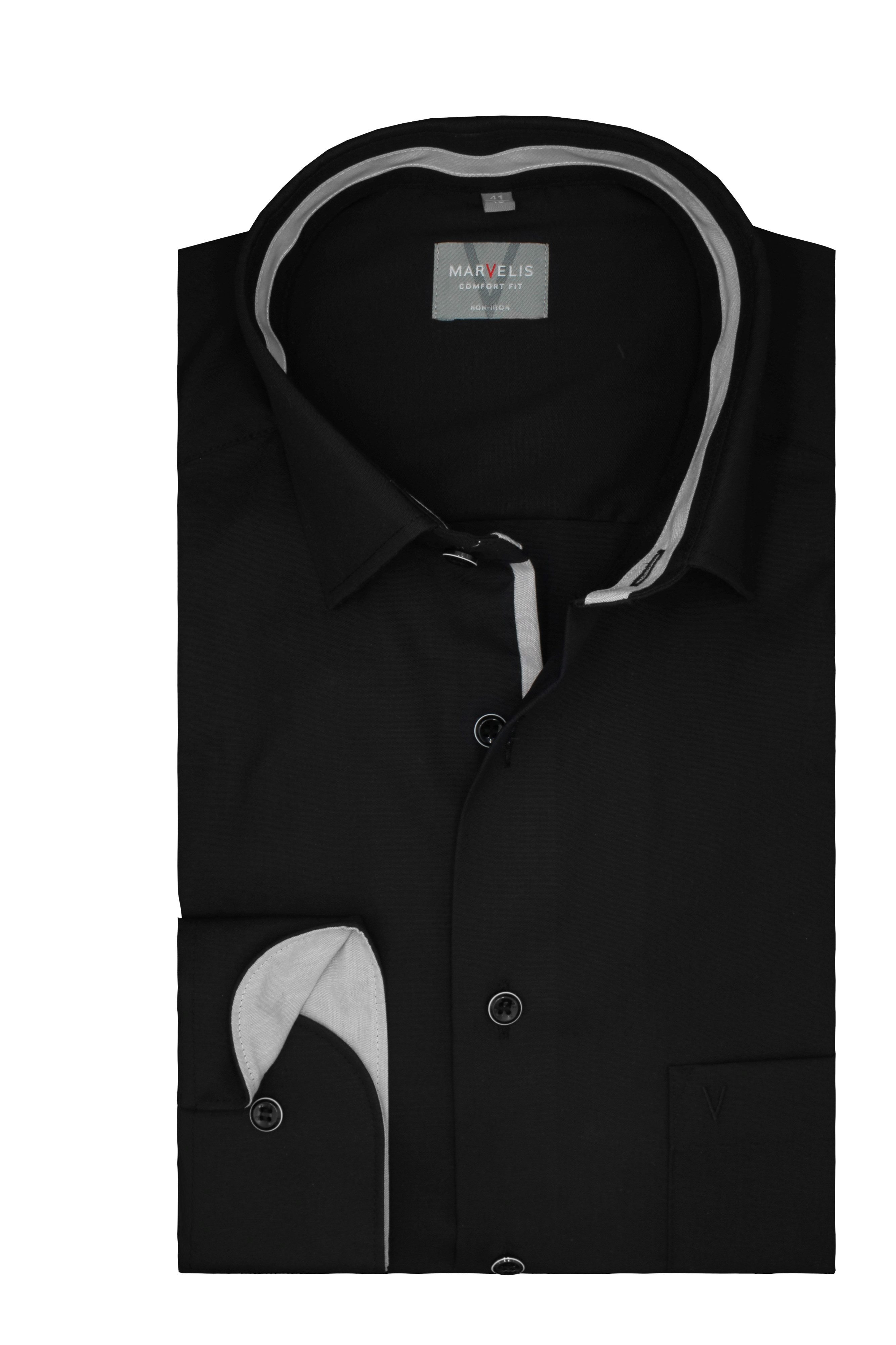 MARVELIS Langarmhemd Comfort Fit, Langarm 64 cm, Bügelfrei, Mit Brusttasche Einfarbig, 100 % Baumwolle, New Kent Kragen