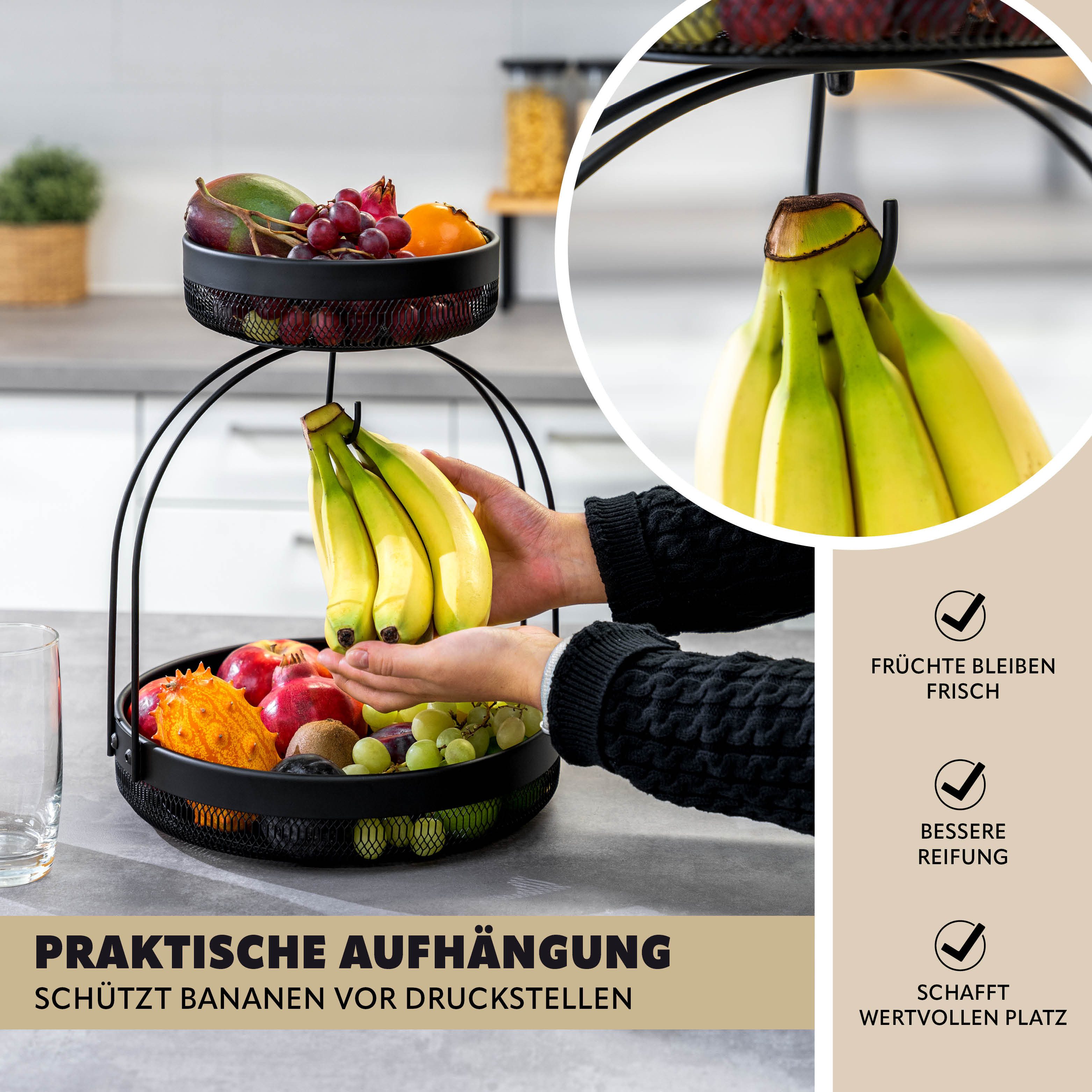 eluno Obstschale 2-stöckige Etagere, Metall, (1-tlg), mit Bananenhalterung