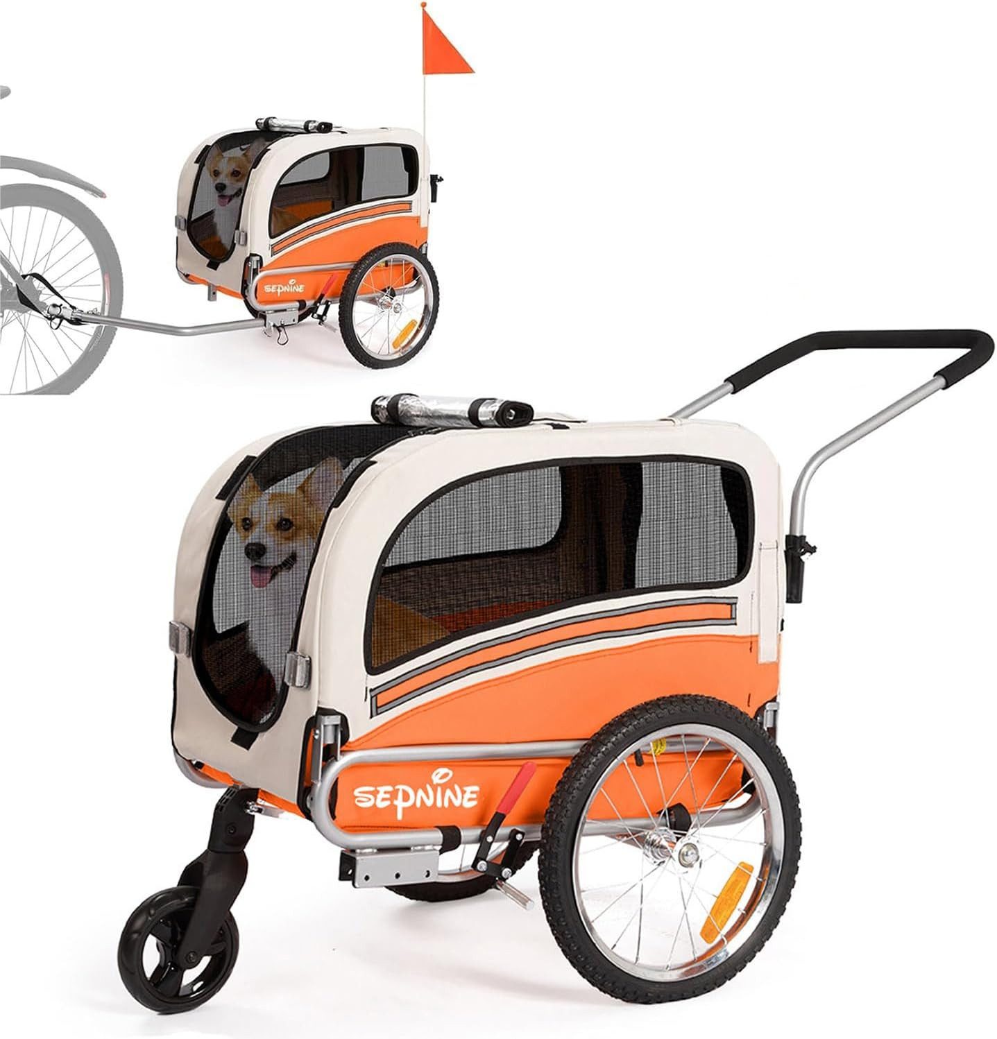 SEPNINE Fahrradhundeanhänger 2 in 1 Faltbarer Anhänger mit Feststellbremse, für M/XL Hunde