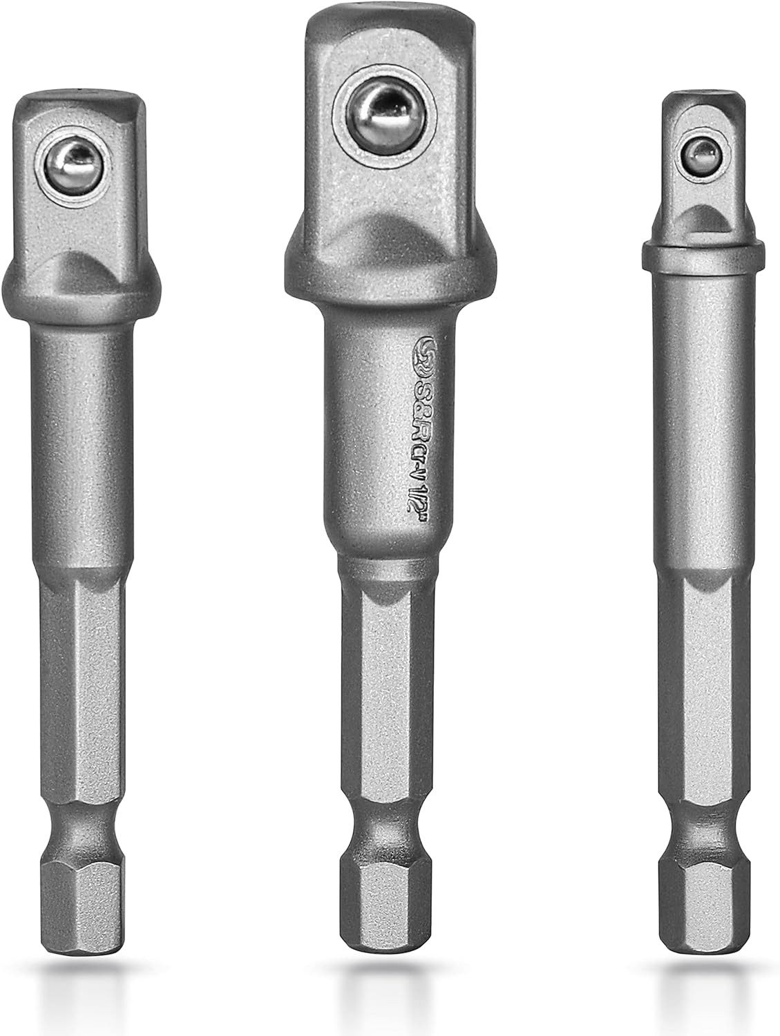 S&R Stecknüsse -Adapter, für Bohrmaschine und Akkuschrauber, aus Cr-V-Stahl, Satz, 3-St., 3 tlg. Adapter Sechskant auf 1/4", 1/2", 3/8" Vierkant, Aufstecken ohne Verkanten, Торцевой ключ Nüsse und Stecknüsse