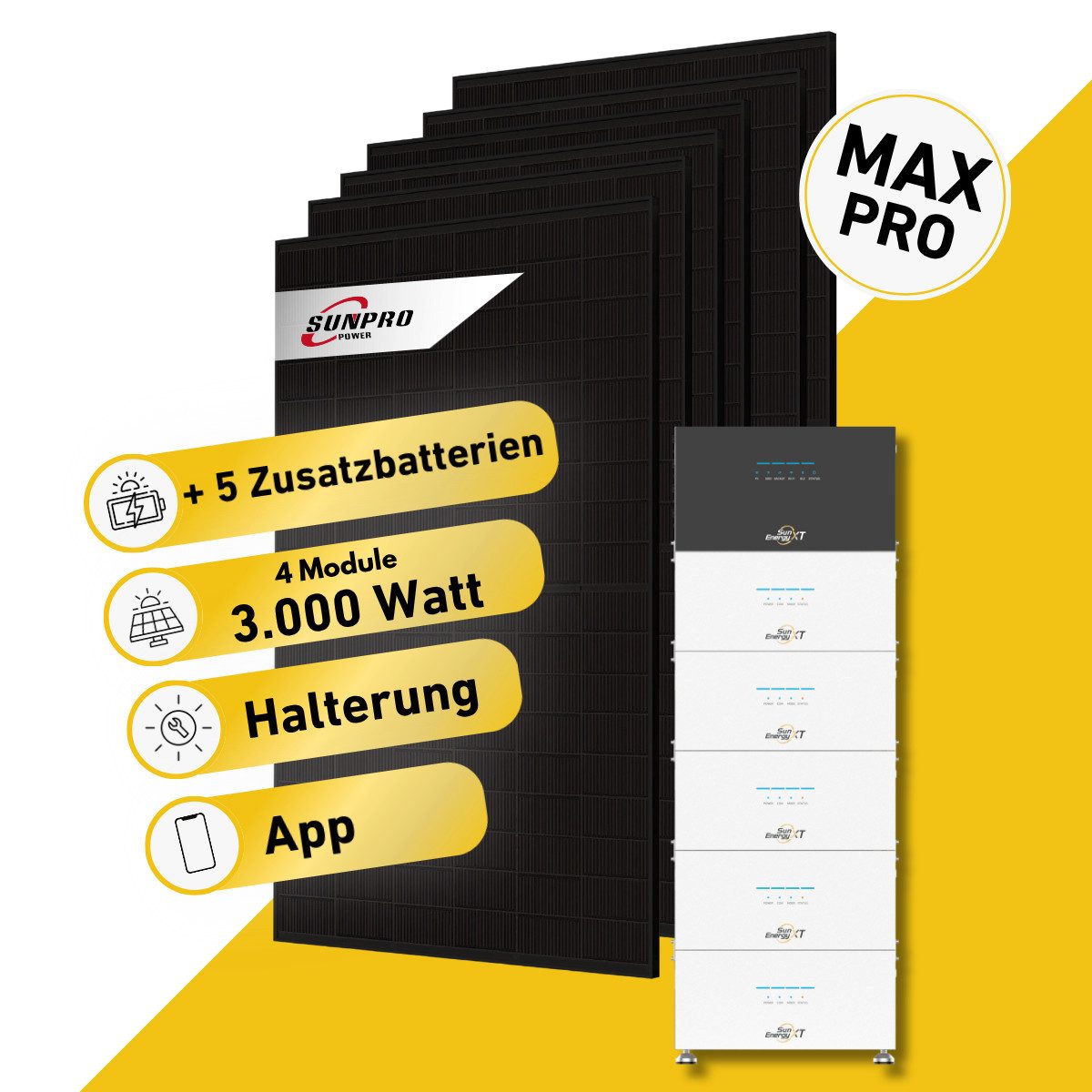 Balkonstrom Balkonkraftwerk MAX Pro 3000 Watt Solaranlage mit Speicher Komplettset Bifazial, 3000 W, Monokristallin, (6x Sunpro Solarmodul á 500 Watt, 1xSunEnergyXT 500 Pro Solarspeicher, 1-5 Zusatzspeicher B500), Halterung für Dach, Fassade, Balkon & Garten, App & Plug&Play DE