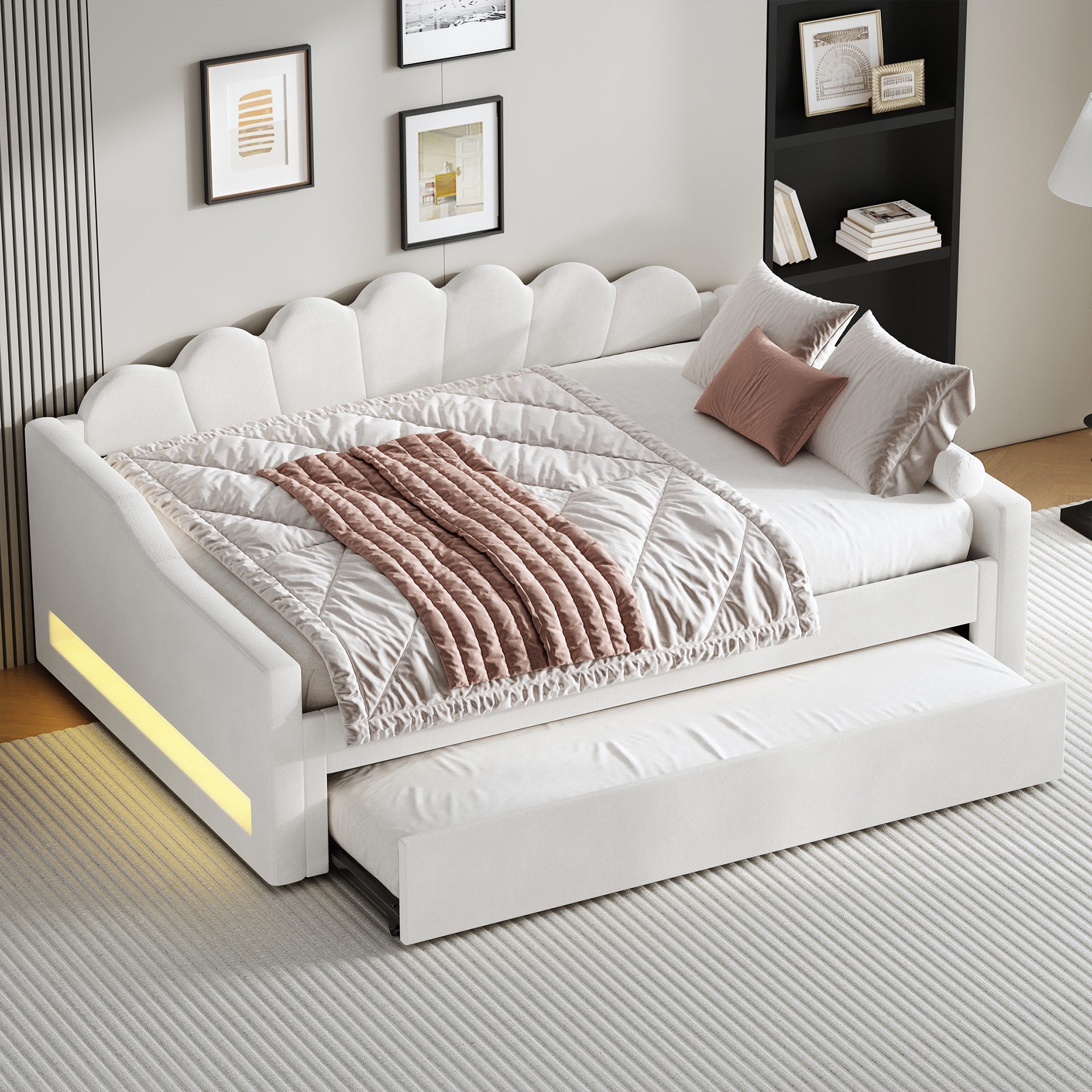 Flieks Daybett, Polsterbett Tagesbett 140x200cm mit Ausziehbett 90x190cm und LED