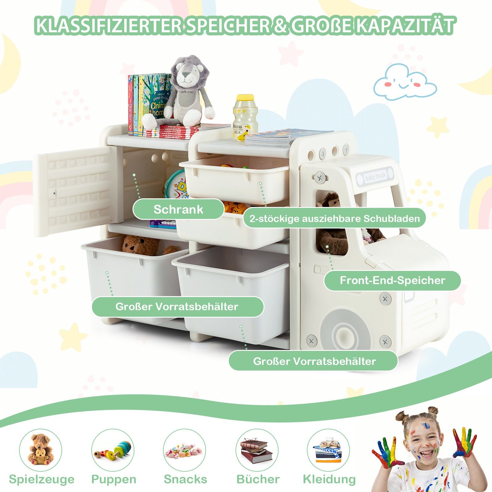COSTWAY Spielzeugtruhe Kinderregal groß, 2 Ebenen, 110 x 32 x 66 cm