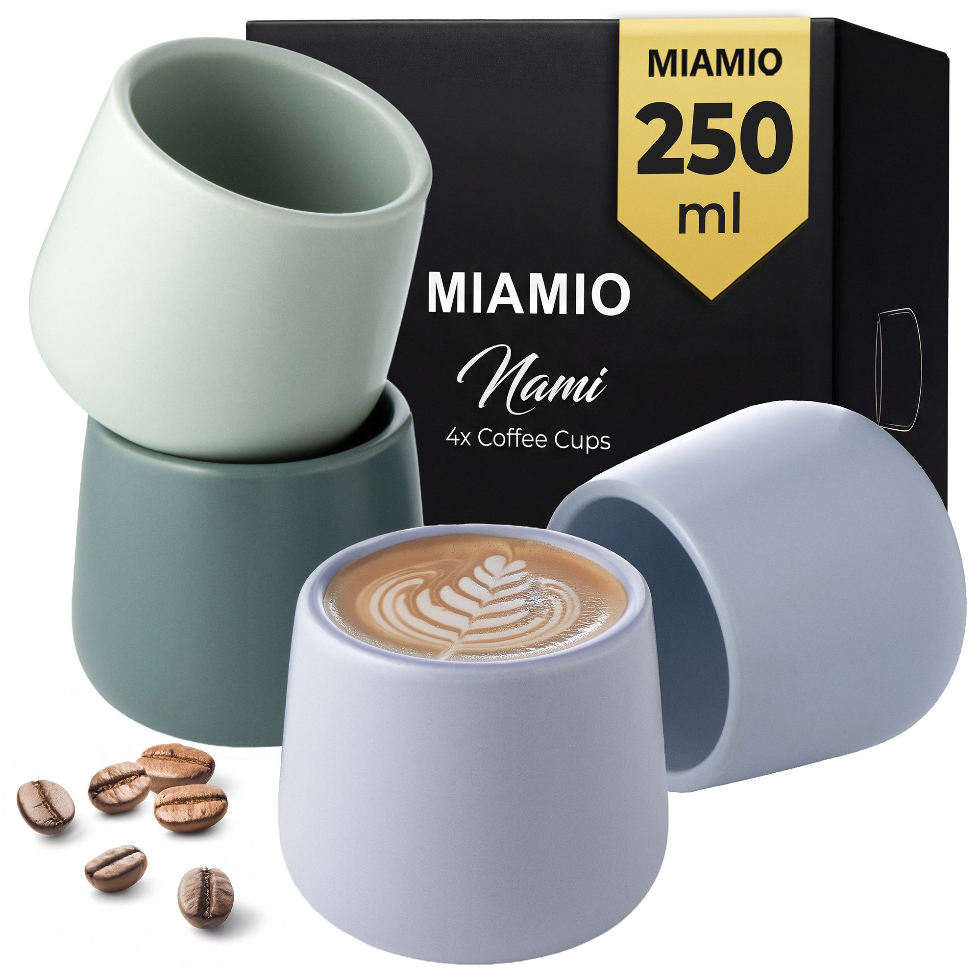 MiaMio Tasse Nami Kaffeebecher Pastel Coast, 4-tlg., Keramik, ohne Henkel, 250 ml