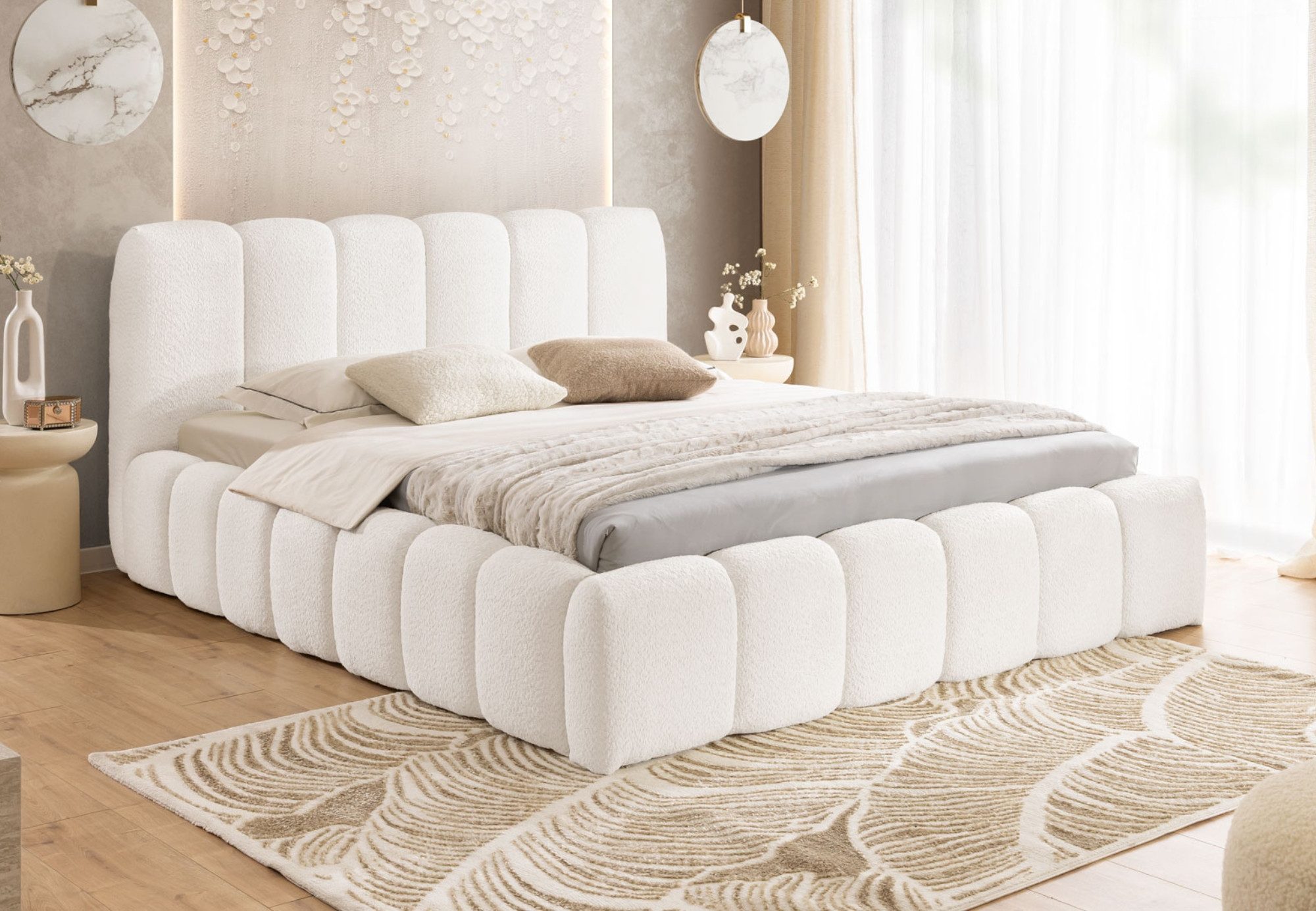 Home Collective Polsterbett Doppelbett Bubble Bettgestell mit Lattenrost & Stauraum Bouclé Bezug (Verfügbare Größen:120x200, 140x200, 160x200, 180x200, 200x200 cm), modernes Design mit Kopfteil und Steppung im Bouclé-Look Creme