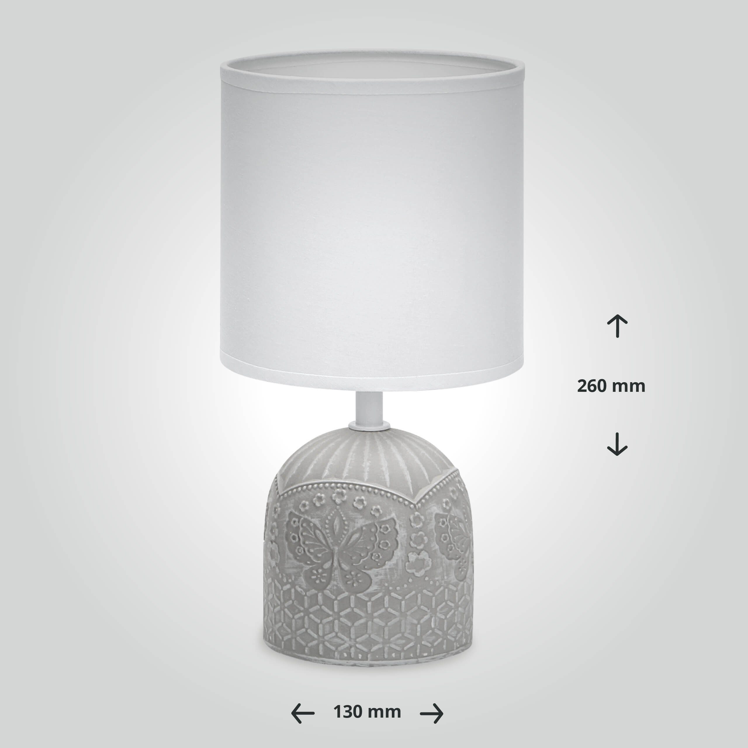 LED Universum KOMPAKT: Durchmesser Stoffschirm E14 Sockel weiß/grau/gemustert, aus LED Keramik hoch, SEHR Tischleuchte rund mit 26cm 13cm
