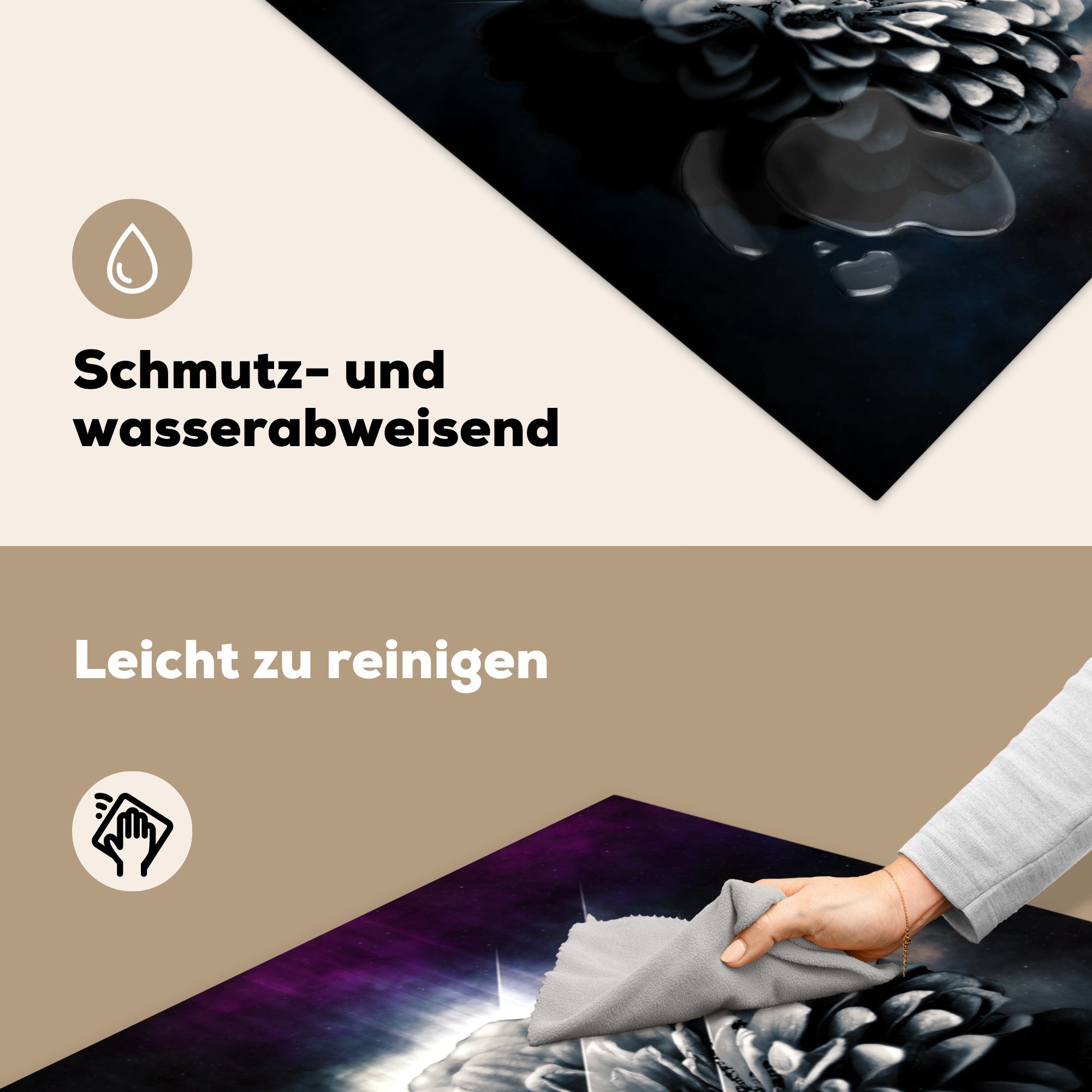 (1 cm, - - küche für tlg), Arbeitsplatte MuchoWow Licht Herdblende-/Abdeckplatte 78x78 Vinyl, Ceranfeldabdeckung, Rauch, Blumen