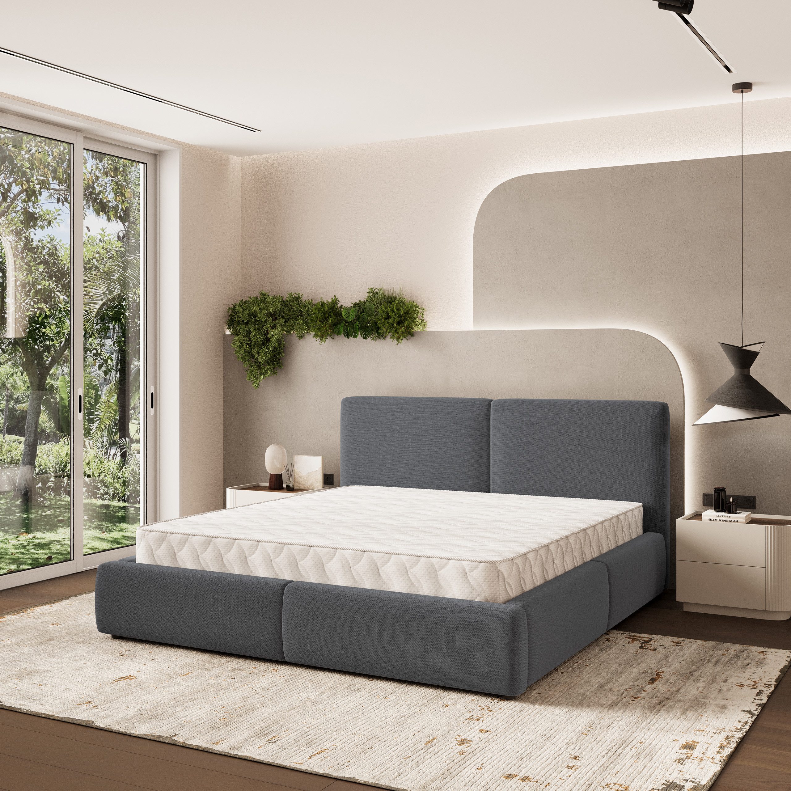 Masseno Polsterbett FELURO 140x200 cm grau (mit Bettkasten und Lattenrost)