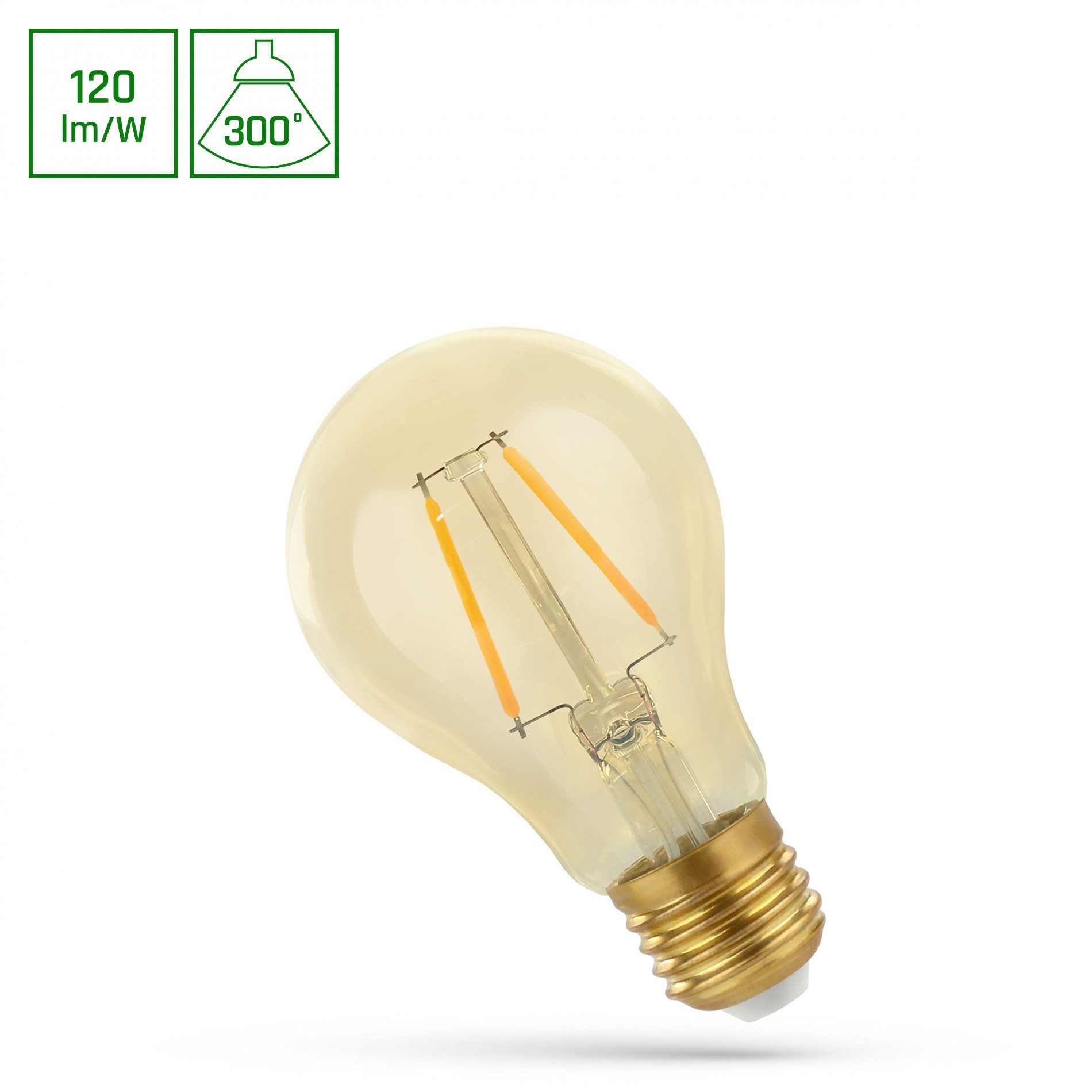 Spectrum LED-Leuchtmittel LED E27 A60 2W = 21W Birne 270° Retro 210lm Gold 230V Warmweiß 2400K, E27, Warmweiß, Filament, Retro Gold, 2400K