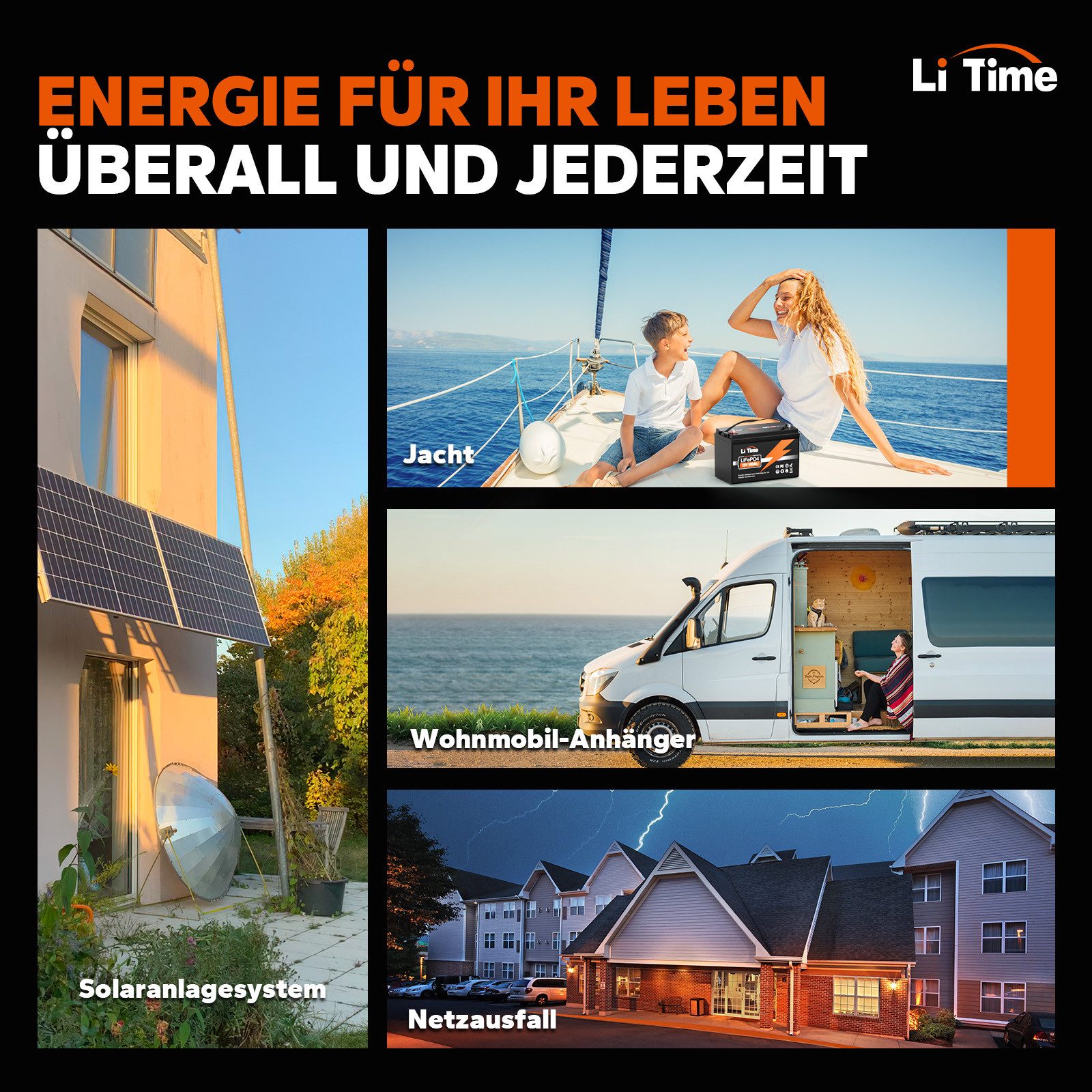 LiTime 12V 100Ah LiFePO4 Batterie mit BMS IP65 1280Wh Stromspeicher Solarakkus (12 V), L329*B172*H214 mm, für Wohnmobile, Boote, Wohnwagen und Solaranlagen – Bild 3 von 5