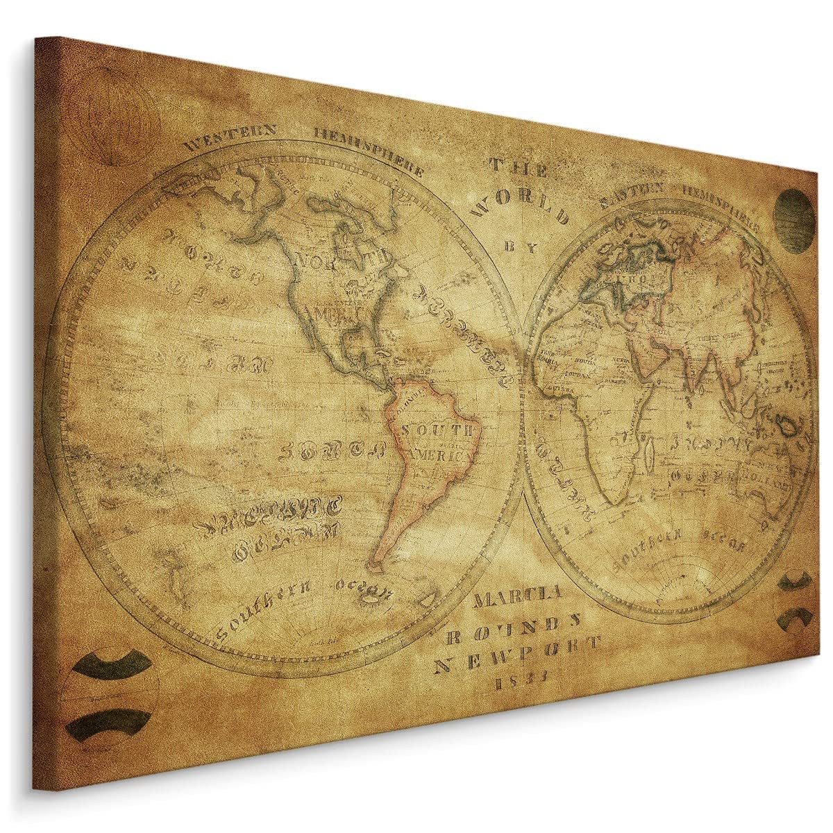 Muralo Leinwandbild Landkarten – Leinwandbild Wandbild Kunstdruck Wohnzimmer, Gebäude (1 St), Weltkarte – Kontinente – Ozeane, 90 x 60 cm, aufhängefertig