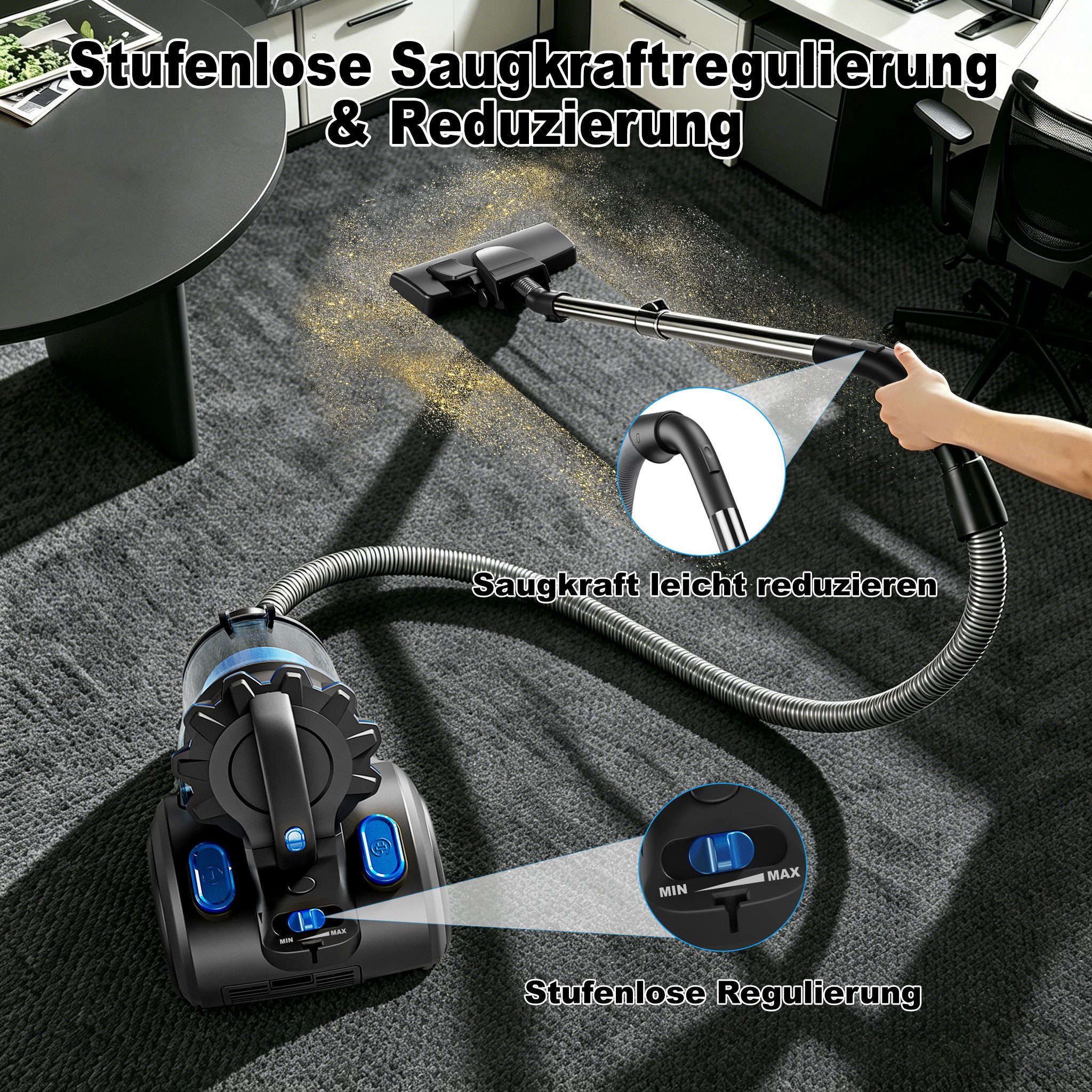 ibettertec Bodenstaubsauger staubsauger beutellos, Hygiene-Filter, hohe Saugkraft, 900 W, kompakt für Hartboden/Teppich, Turbodüse, Polsterdüse, 6m langes Kabel
