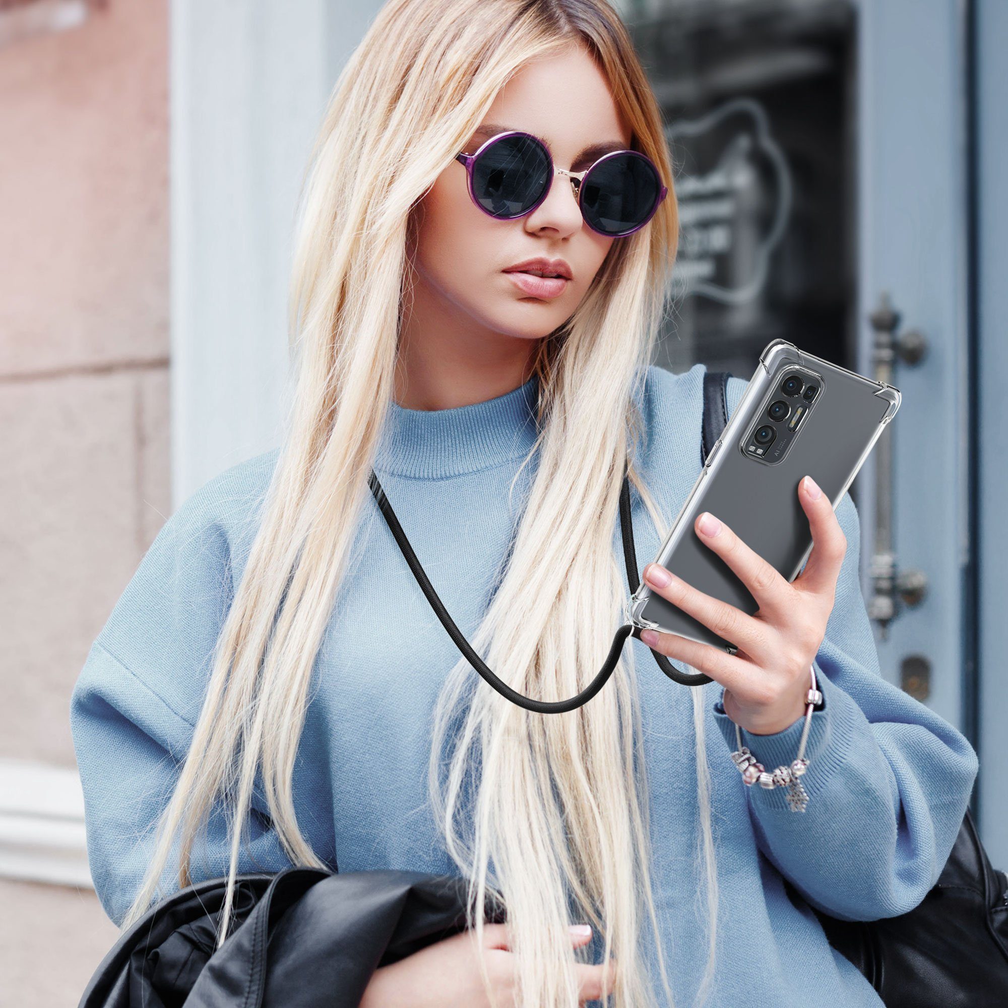 kwmobile Etui Necklace Case für Oppo Find X3 Neo, Hülle Silikon mit Handykette - Band Handyhülle