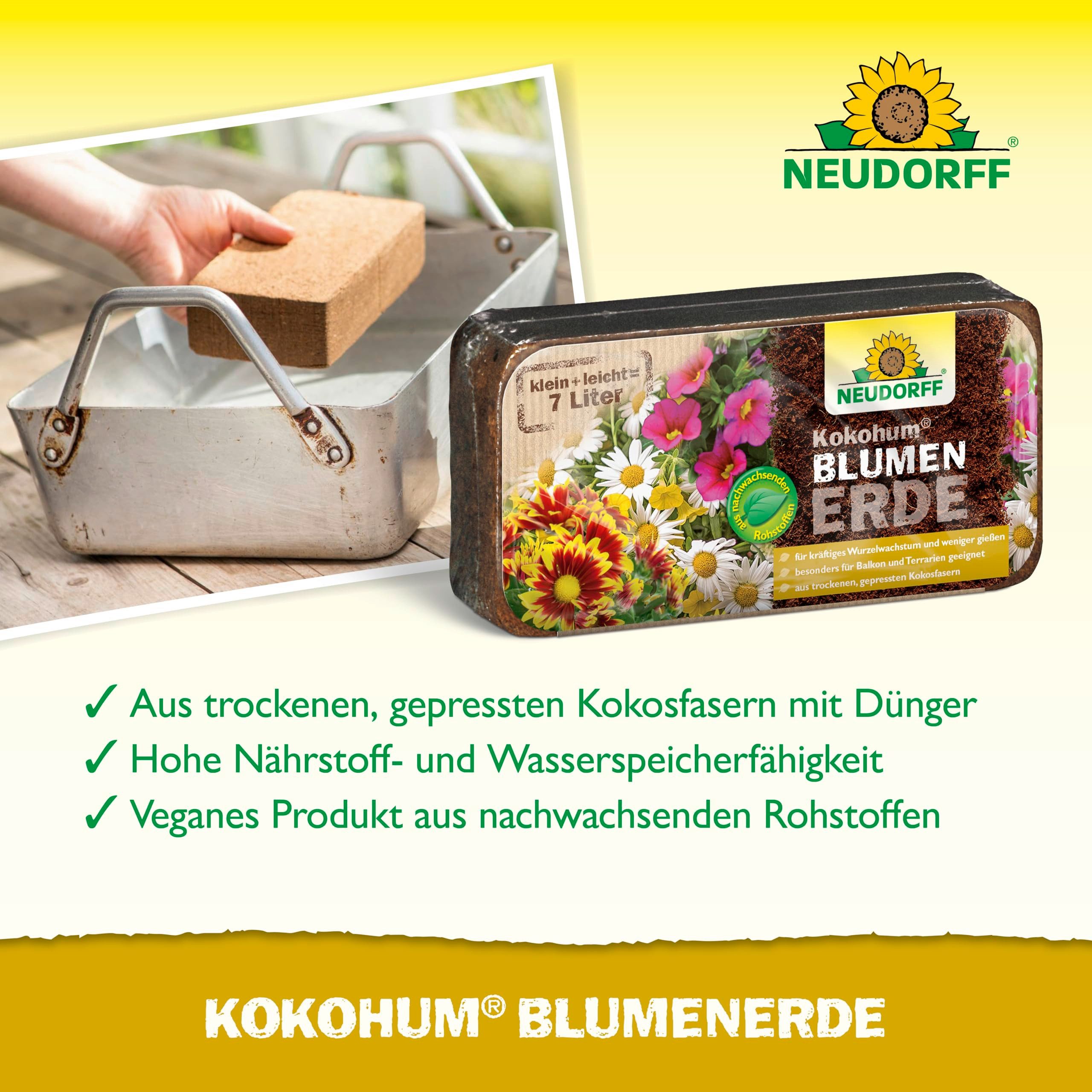 Neudorff Blumenerde Kokohum BlumenErde Brikett ergibt 7L Erde, (Praktische Brikett-Erde erspart schweres Schleppen und ist ideal für kräftiges Wurzelwachstum), aus trockenen, gepressten Kokosfasern