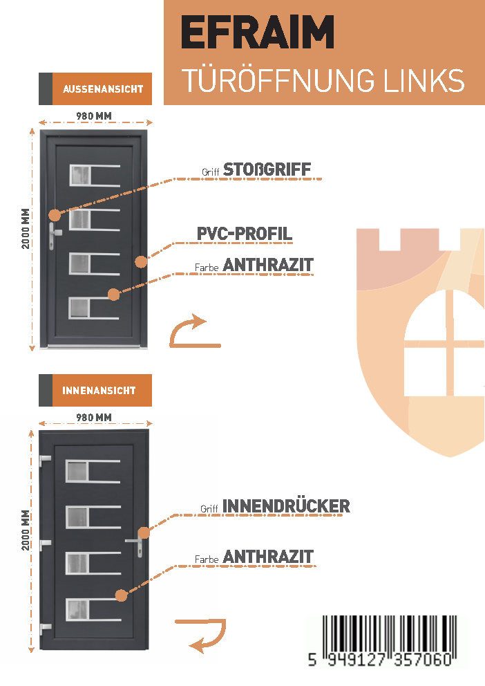 SN Deco Haustür Efraim mit Edelstahlstoßgriff/Türknopf, 980x2000 mm, Thermisch getrennte Alu-Bodenschwelle sowie Wetterschenkel
