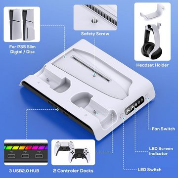 Haiaveng PS5 Slim Konsole Stander mit Lufter/Ladestation PlayStation 5-Controller (Standfuß Zubehör kompatibel mit Playstation5 Slim Digital/Disc Edition)