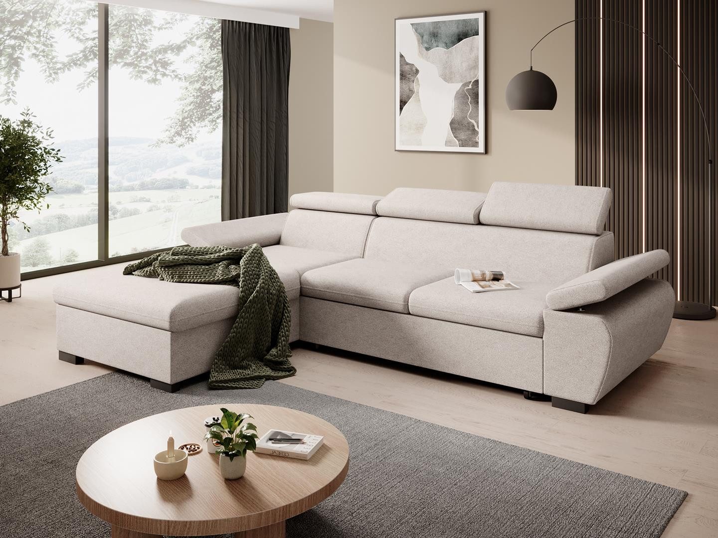 Beautysofa Ecksofa COCO mit Schlaffunktion und Bettkasten, verstellbaren Kopfstützen und Armlehe - Tierfreundlicher Stoff