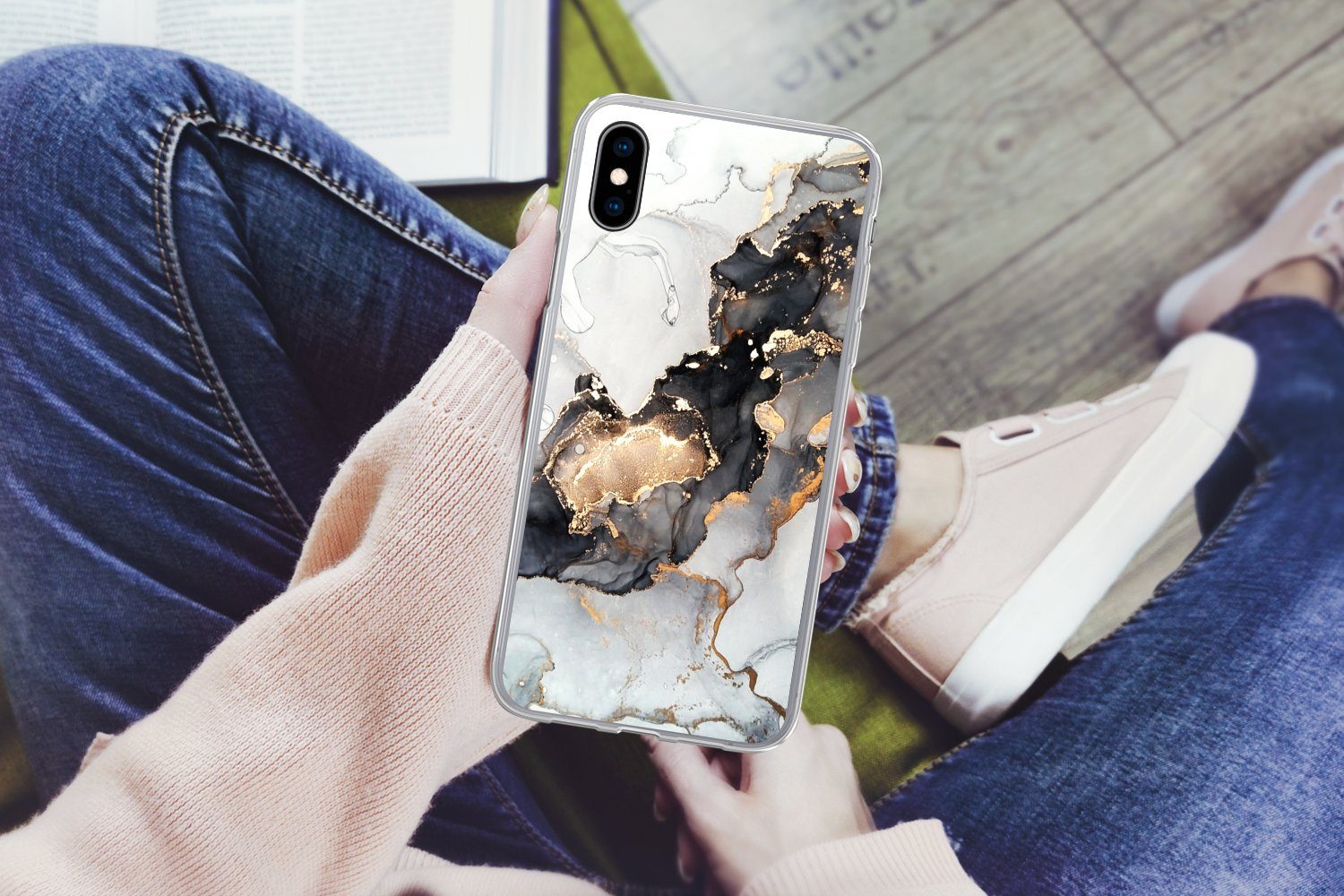 MuchoWow Handyhülle für Apple iPhone XS Marmor - Schwarz - Weiß - Gold - Luxus - Abstrakt, Smartphone-Bumper, Print, Handy Schutzhülle Dünn