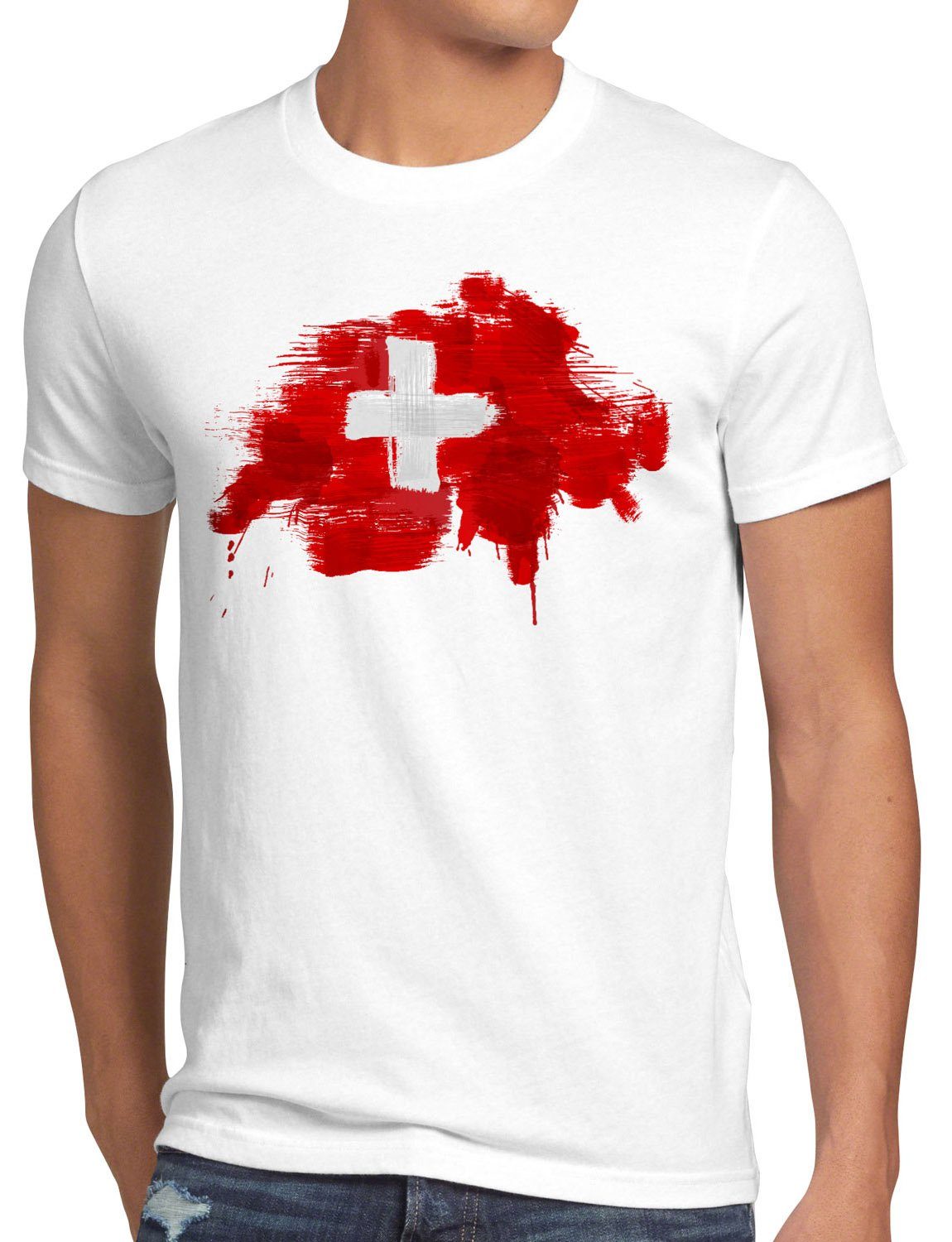 Print-Shirt Herren WM Schweiz style3 T-Shirt Suisse EM Fußball Sport weiß Fahne Flagge