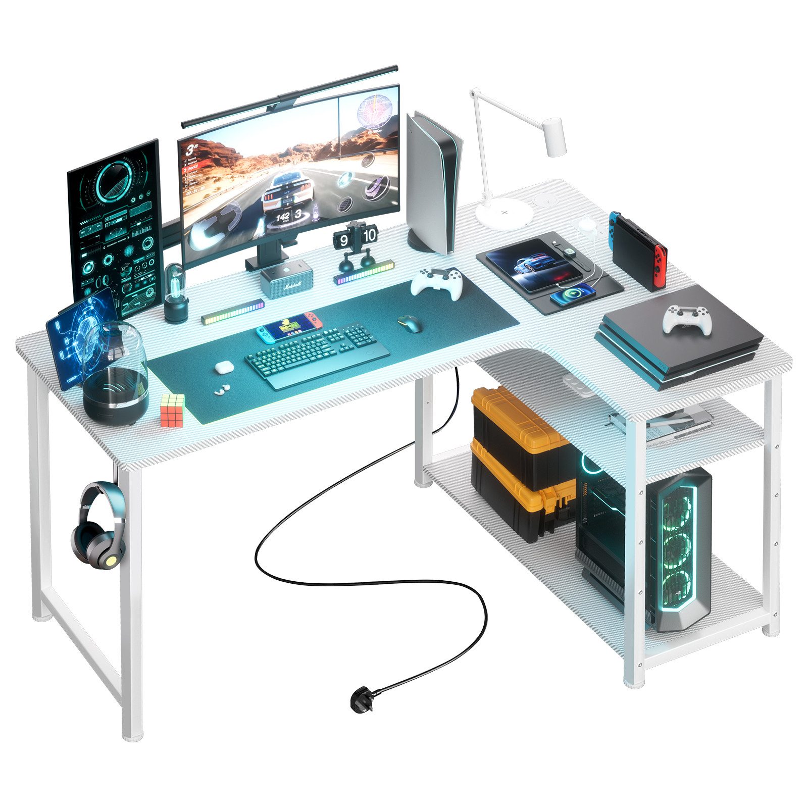 GTPLAYER Schreibtisch Gaming Tisch Eckschreibtisch mit Regal USB-Ladeanschluss und Steckdose (1 Tisch), 120/100cm Computertisch L Form, PC Tisch für Büro, Heimbüro