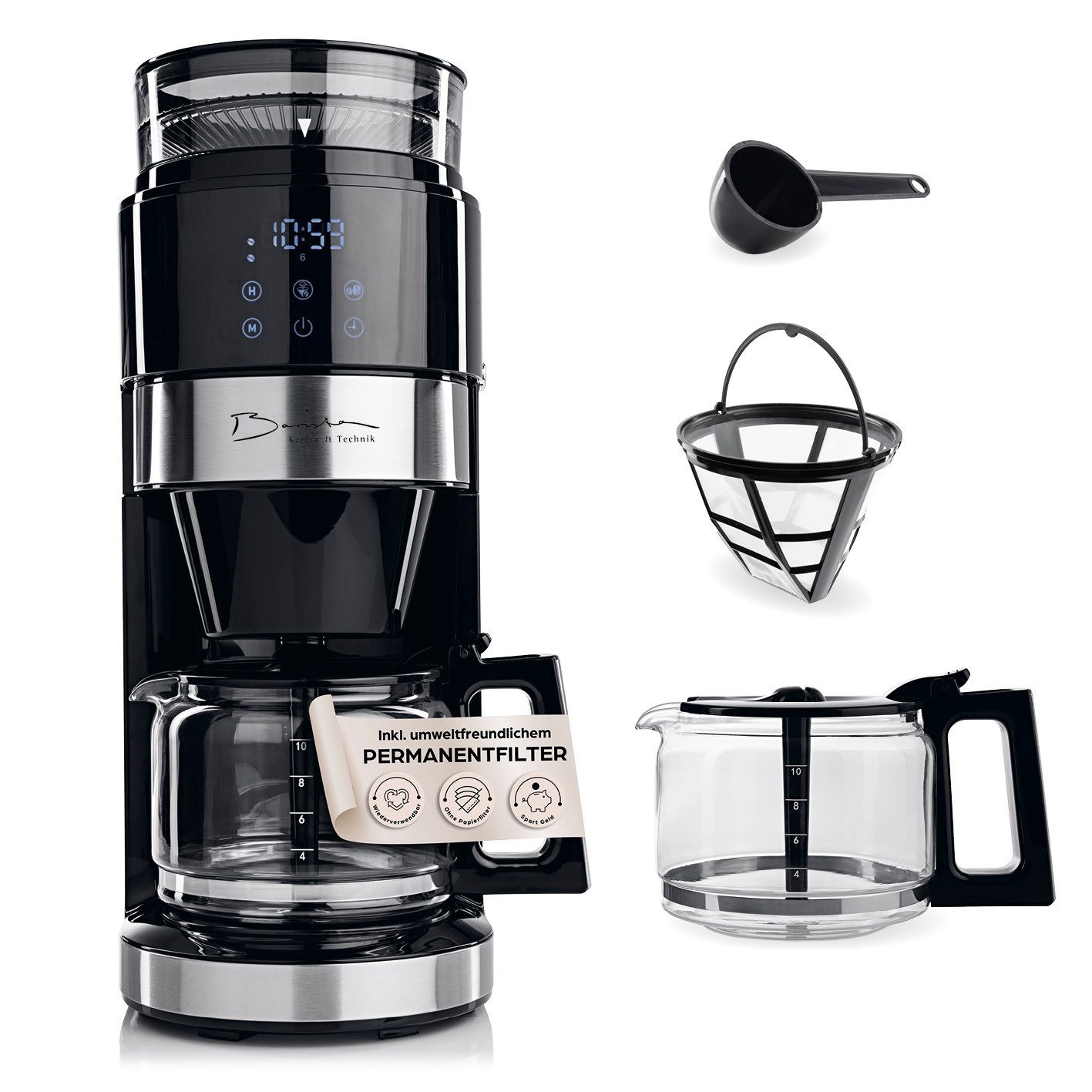 Barista Filterkaffeemaschine mit digitalem Touch-Display mit Mahlwerk + Kanne