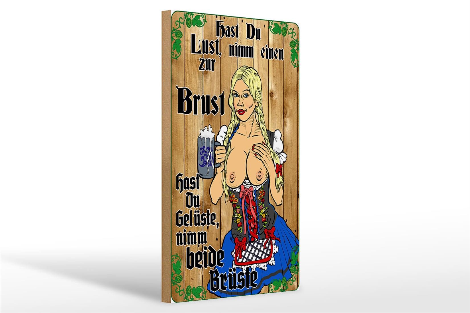 Holzbild Pinup 20x30cm Nimm einen zur Brust Bier