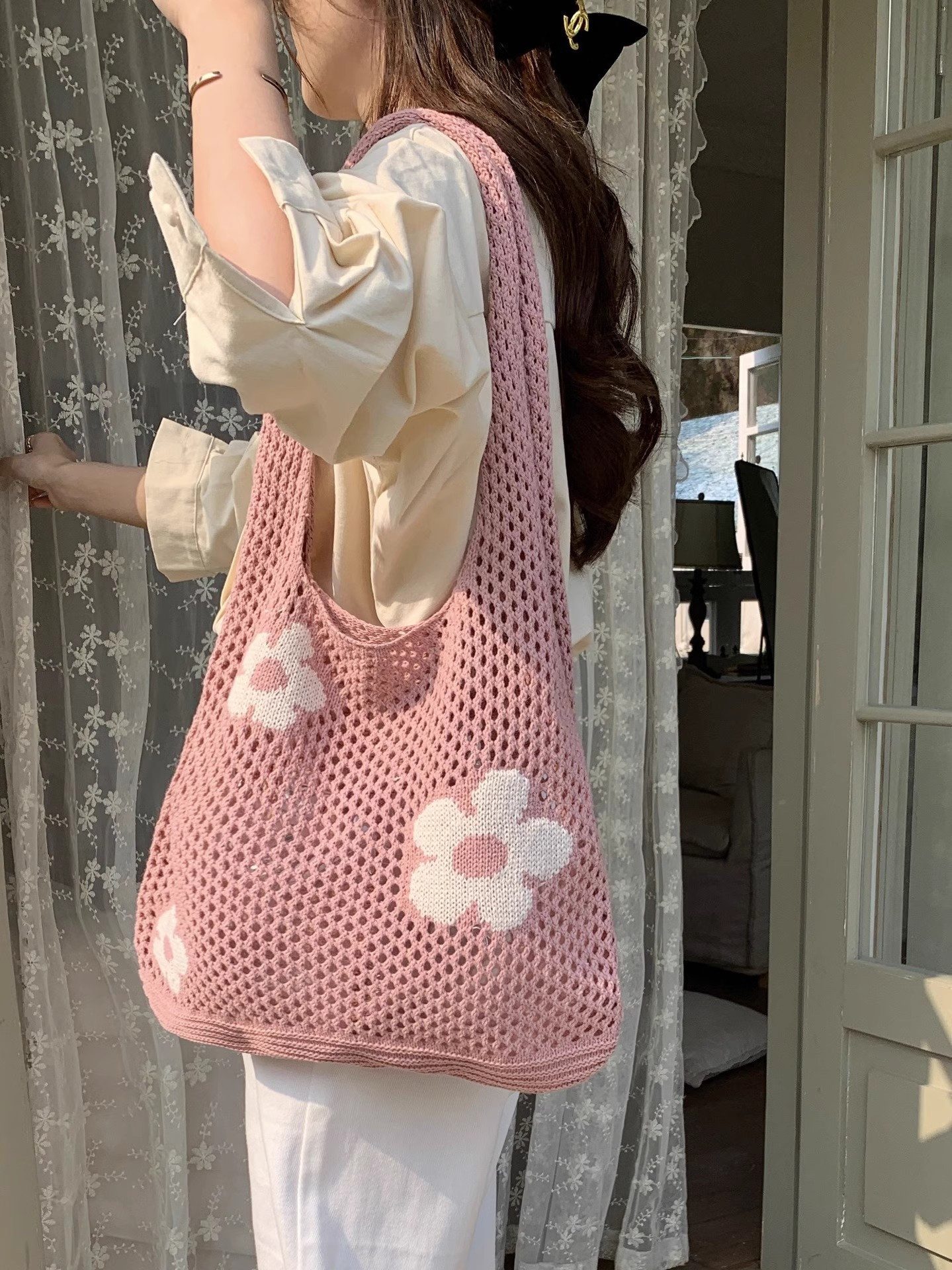 Zaewry Schultertasche Gestrickte Schultertasche mit Blumenmuster, gehäkelte Tote Bag, Strandtasche, geflochtene Schultertasche, Einkaufstasche – Bild 2 von 5