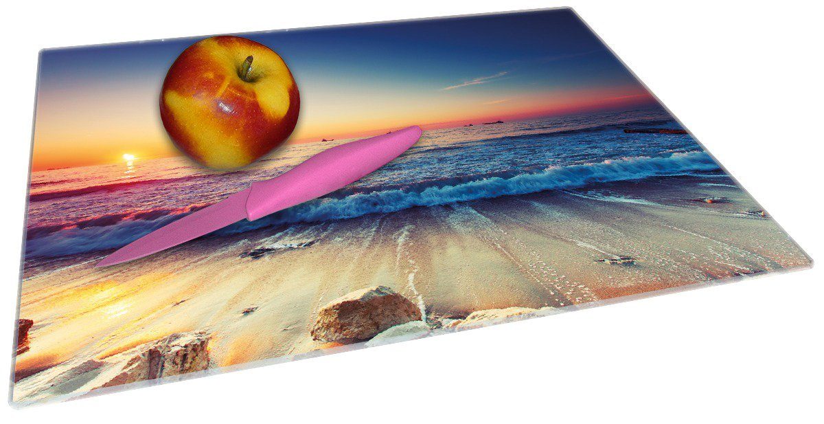 rutschfester (inkl. Sonnenuntergang mit Wellen 4mm, Schneidebrett 30x40cm am Meer ESG-Sicherheitsglas, Gummifüße Strand, 1-St), am Wallario