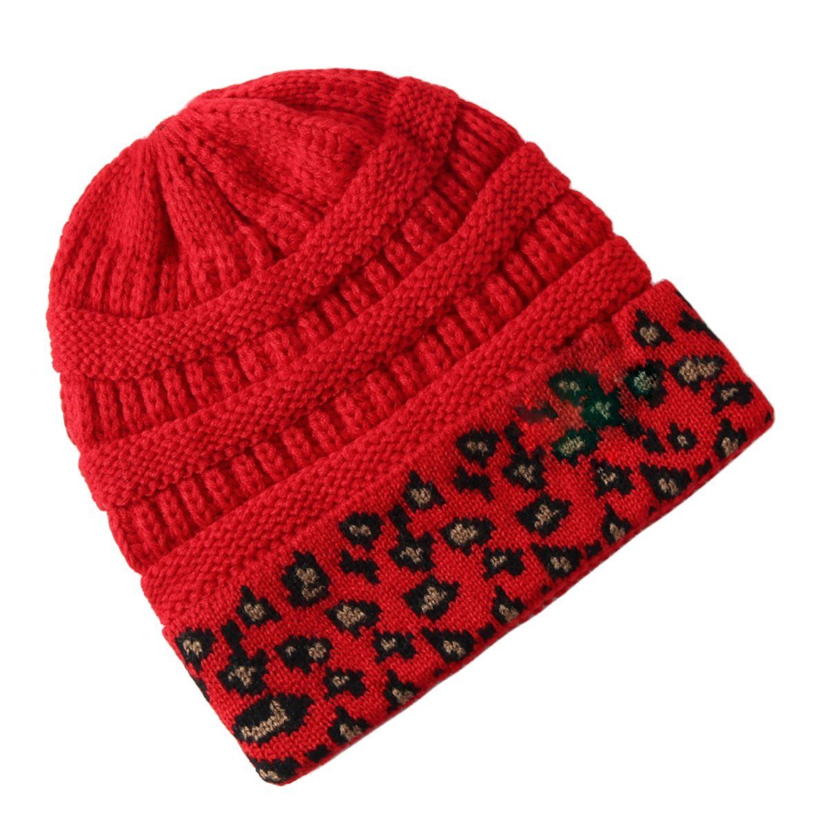 carefully selected Jerseymütze Damen-Strickmütze aus warmer Wolle mit Leopardenmuster Rot