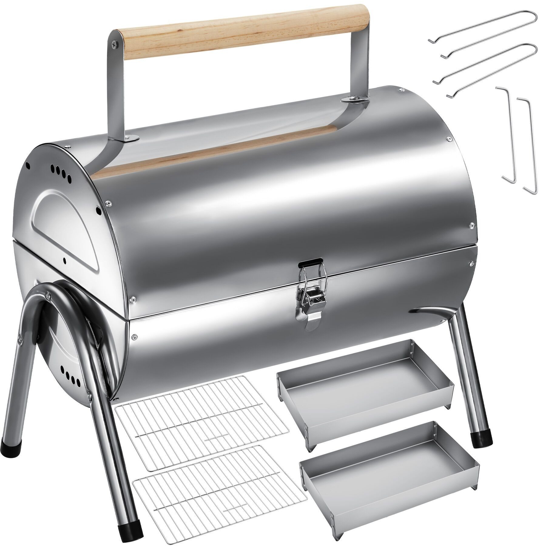 tectake Holzkohlegrill Wetterfester Grill aus Edelstahl mit Doppel-Grillfläche, Kohlewannen, Outdoorgrill, in Schwarz, Inkl. 2 Grillrostheber, schnelle Montage, geringes Gewicht