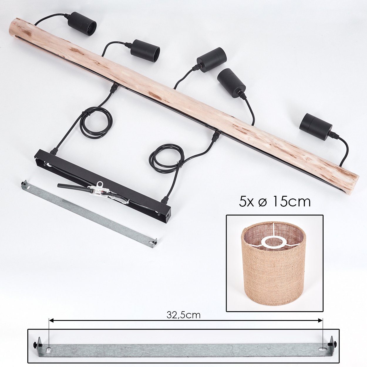 hofstein Pendelleuchte moderne Hängelampe aus Holz/Metall/Leinen in Natur/Schwarz/Beige, ohne Leuchtmittel, Hängeleuchte im skandinavischen Design, 5xE27, ohne  – Bild 5 von 5