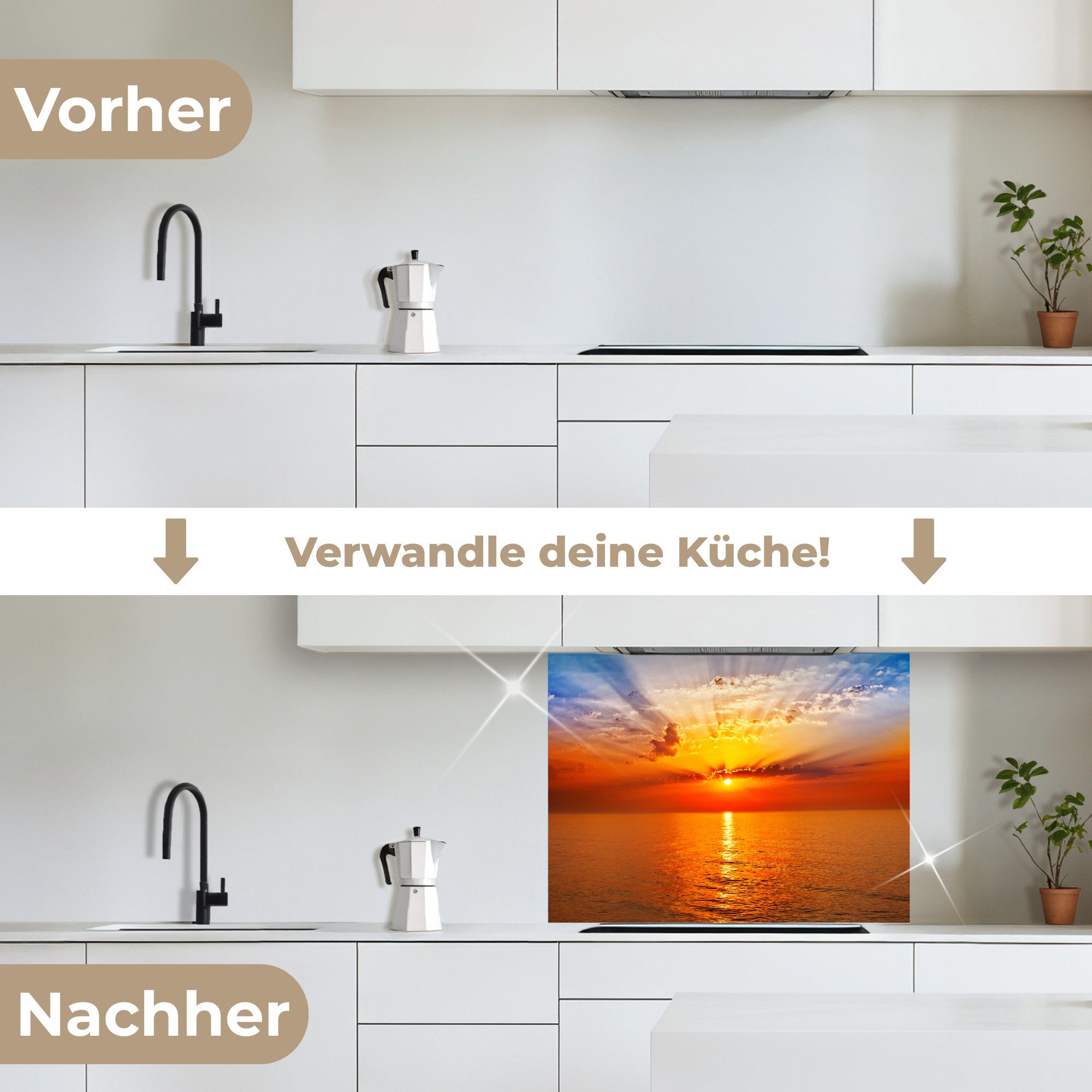 KitchenYeah Küchenrückwand selbstklebend Sonnenuntergang - Meer - Himmel - Orange - Horizont - Wa, (1-tlg), Spritzschutz, Küche, Rückwand, Küchenwand, Küchenfro – Bild 3 von 5