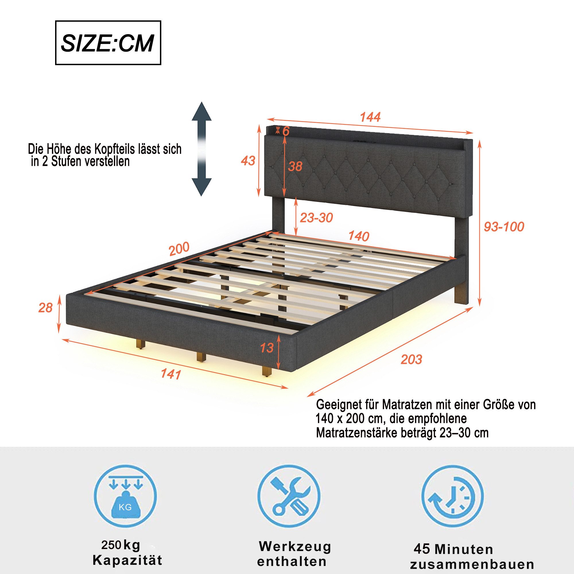 autolock Polsterbett 140*200 cm mit USB-Ladeanschluss und LED-Farbwechsel-L günstig online kaufen