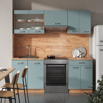 Livinity® Küchenzeile R-Line, Blau-Grau/Goldkraft Eiche, 200 cm, AP Marmor