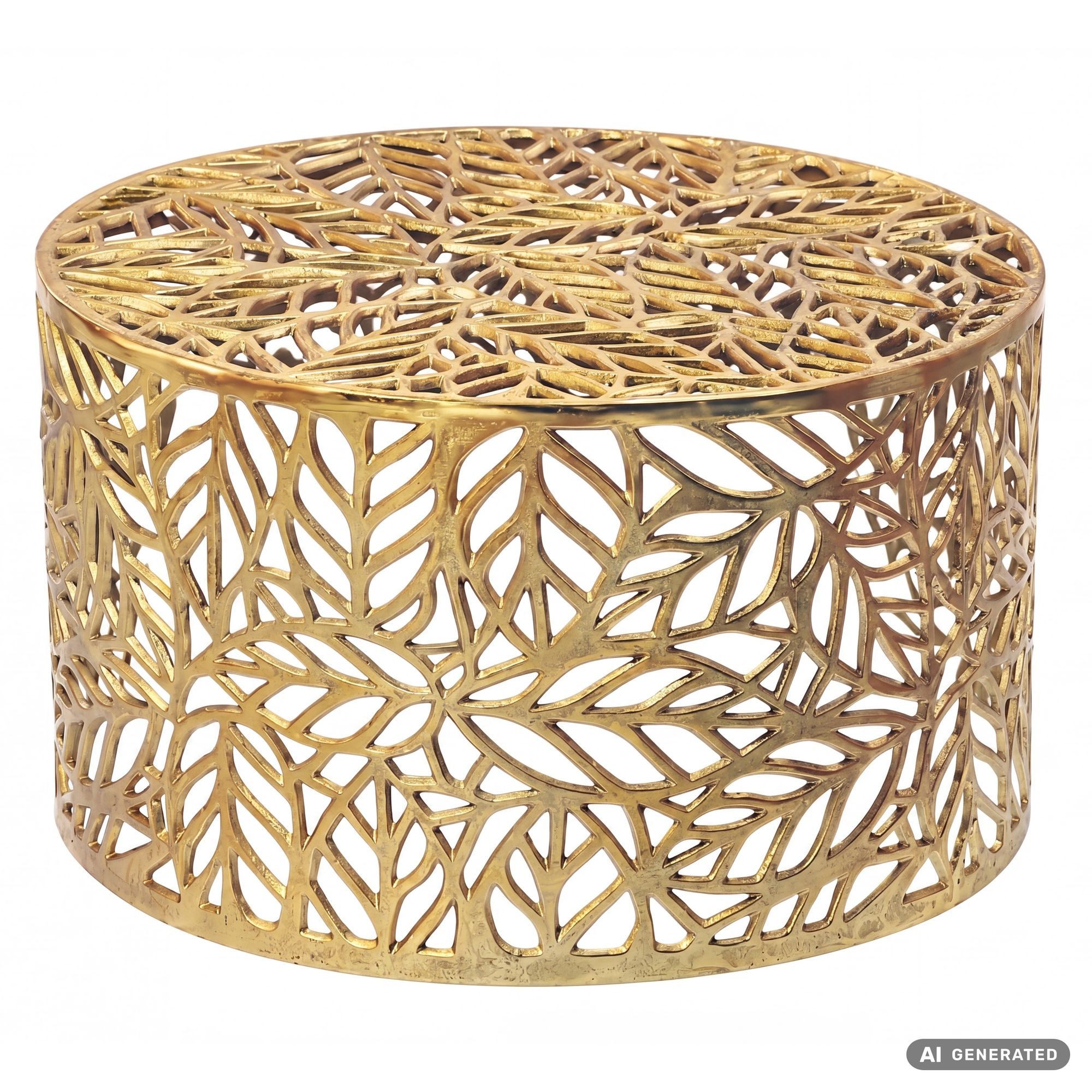 Wohnling Couchtisch WL7.712 Sofatisch Gold 60cm Loungetisch Rund Beistelltisch Modern (Runder Kaffeetisch aus lackiertem Aluminium), Wohnzimmertisch im Blätterlook Handmade