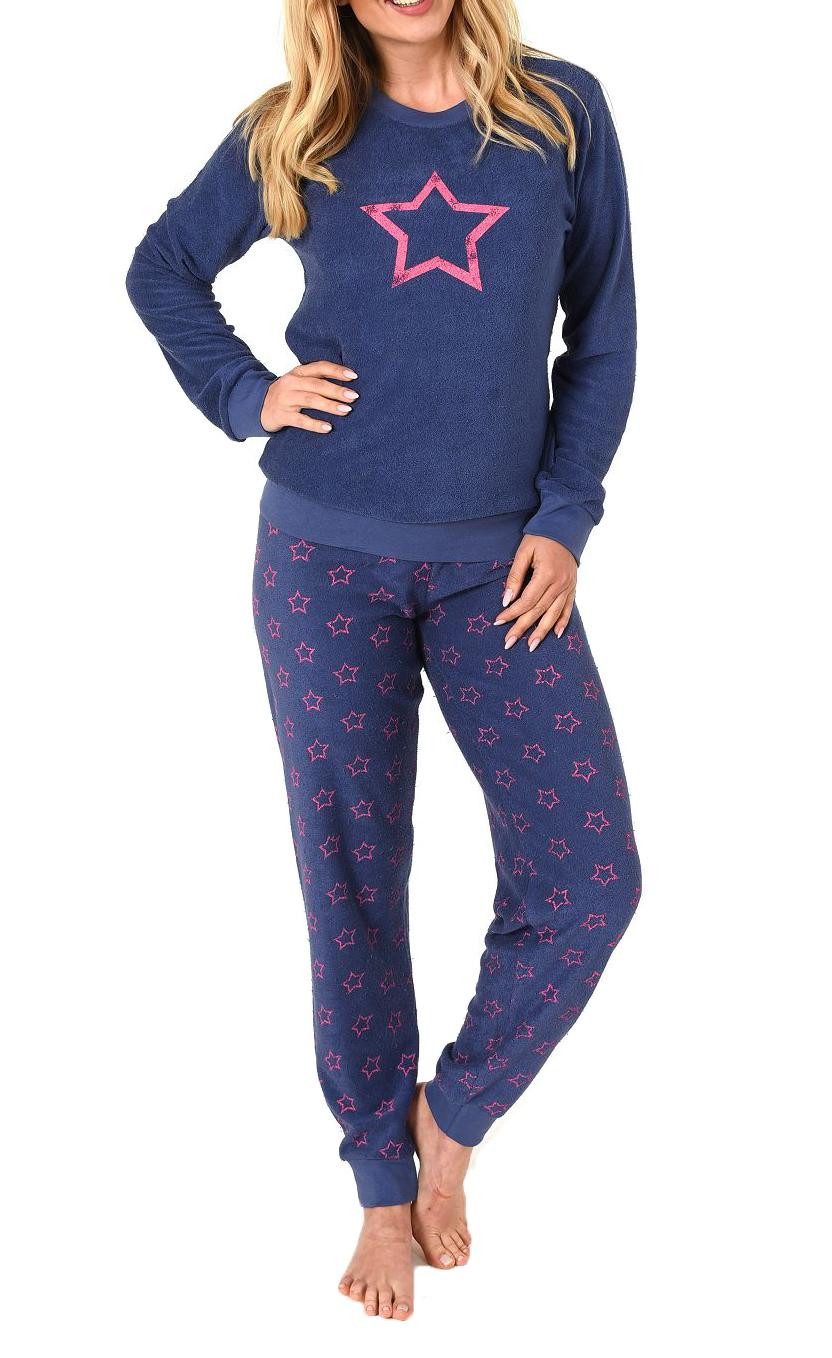 RELAX by Normann Pyjama Damen Frottee Pyjama langarm Schlafanzug mit Bündchen + Sterne Optik