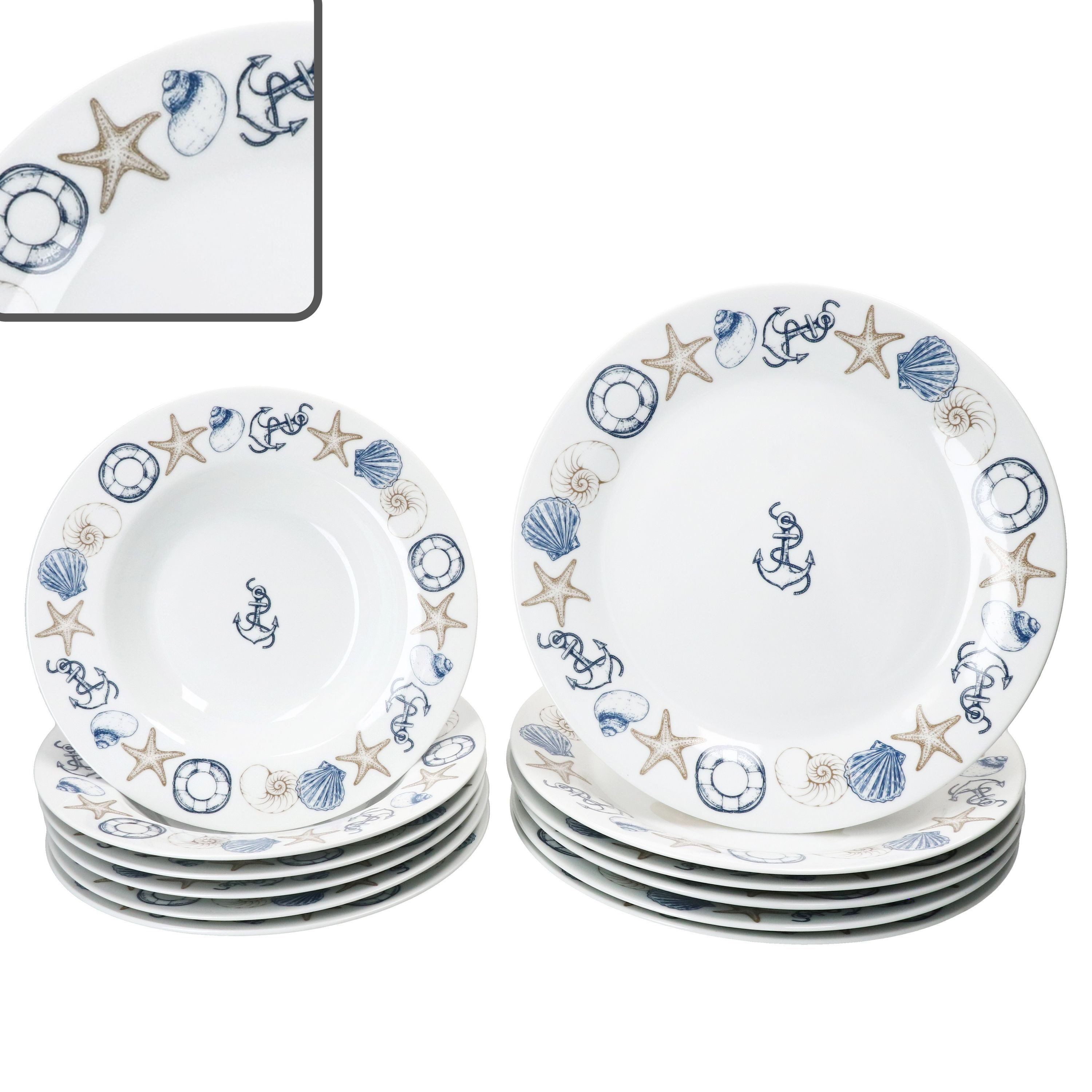 MamboCat Tafelservice Neptun 12tlg Tafelservice Porzellan 6 Pers Speiseteller Suppenteller, Porzellan