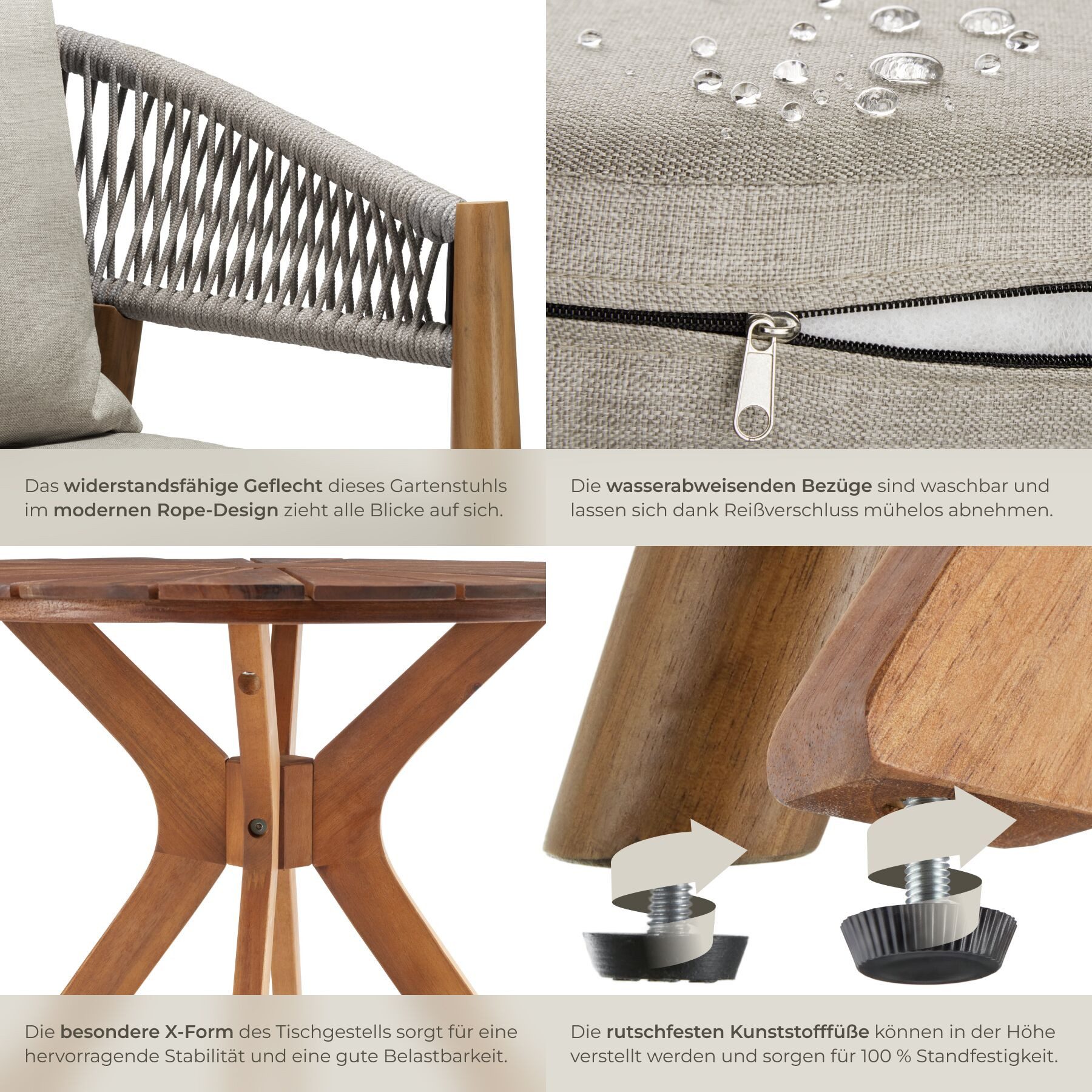 tectake Gartenlounge-Set Wetterfestes Gartenmöbelset aus Akazienholz mit, (Gartenmöbel Set 3-Teilig, 3-tlg., in Greige), Wasserabweisende, abnehmbare Bezüge, In – Bild 5 von 5