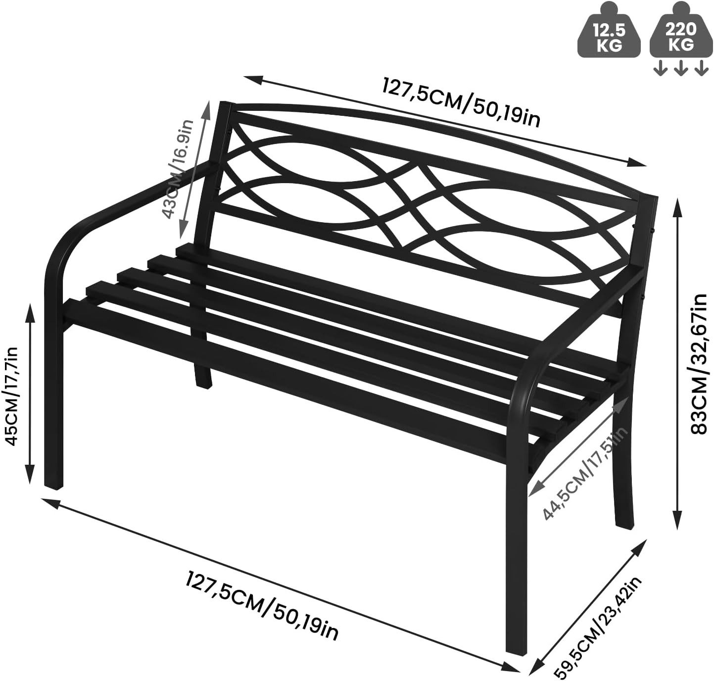 Woltu Gartenbank (1-St), Sitzbank Outdoor, Metall wetterfest, 127x83x59,5 cm, Schwarz