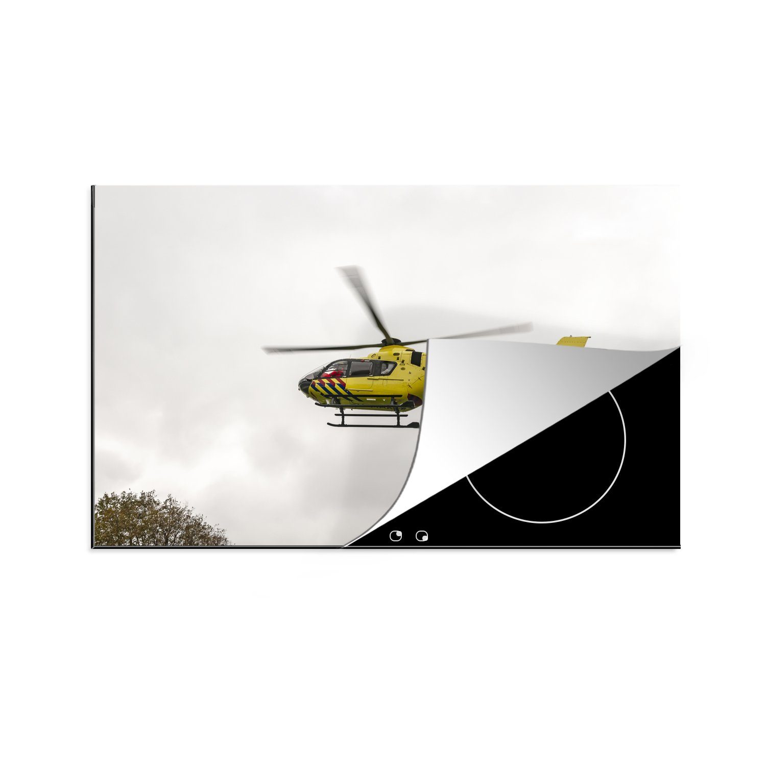 MuchoWow Herdblende-/Abdeckplatte Gelber Trauma-Hubschrauber, Vinyl, (1 tlg), 81x52 cm, Induktionskochfeld Schutz für die küche, Ceranfeldabdeckung