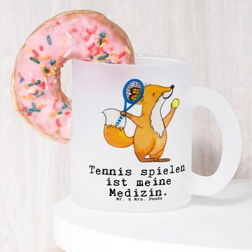 Mr. & Mrs. Panda Teeglas Fuchs Tennis spielen - Transparent - Geschenk, Tasse mit Henkel, Teet, Premium Glas, Edler Aufdruck