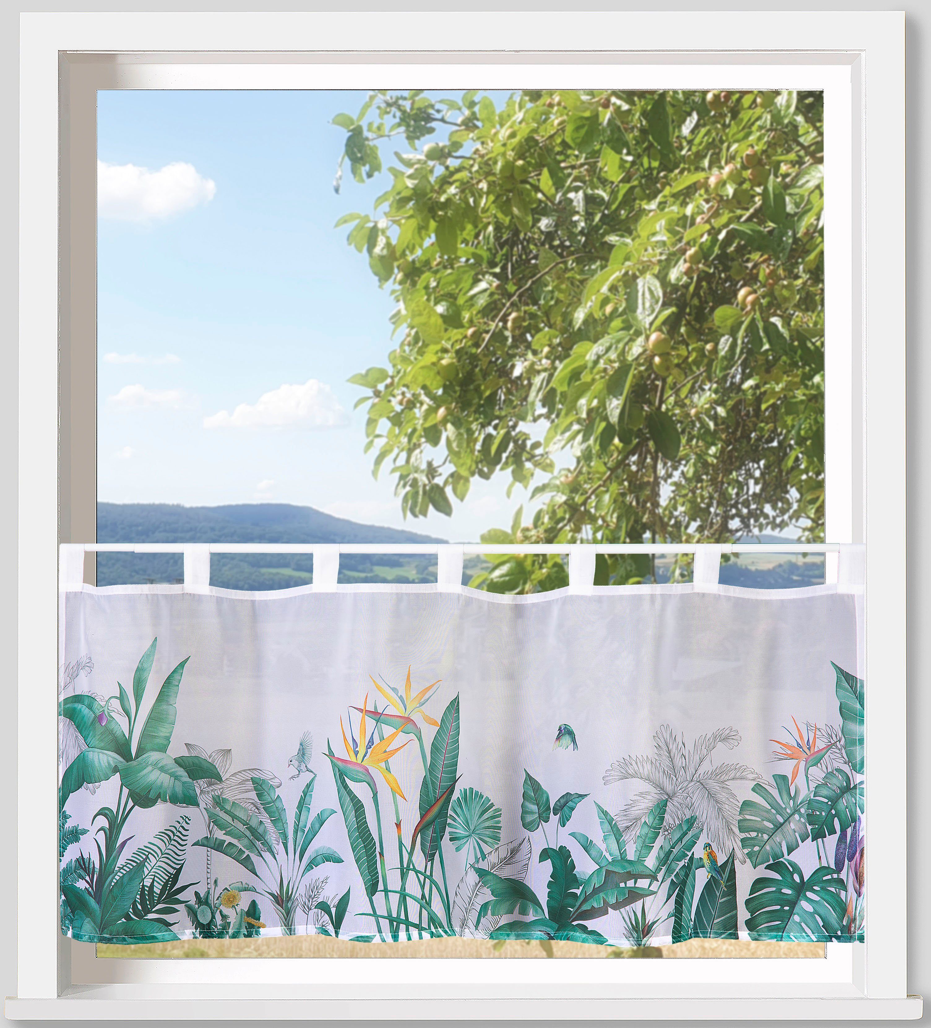 Weckbrodt Scheibengardine Strelitzie (1 St), Schlaufen, transparent, Voile, Bistro, Voile, bedruckt, transparent, HxB 45x120cm, Gardine, Store