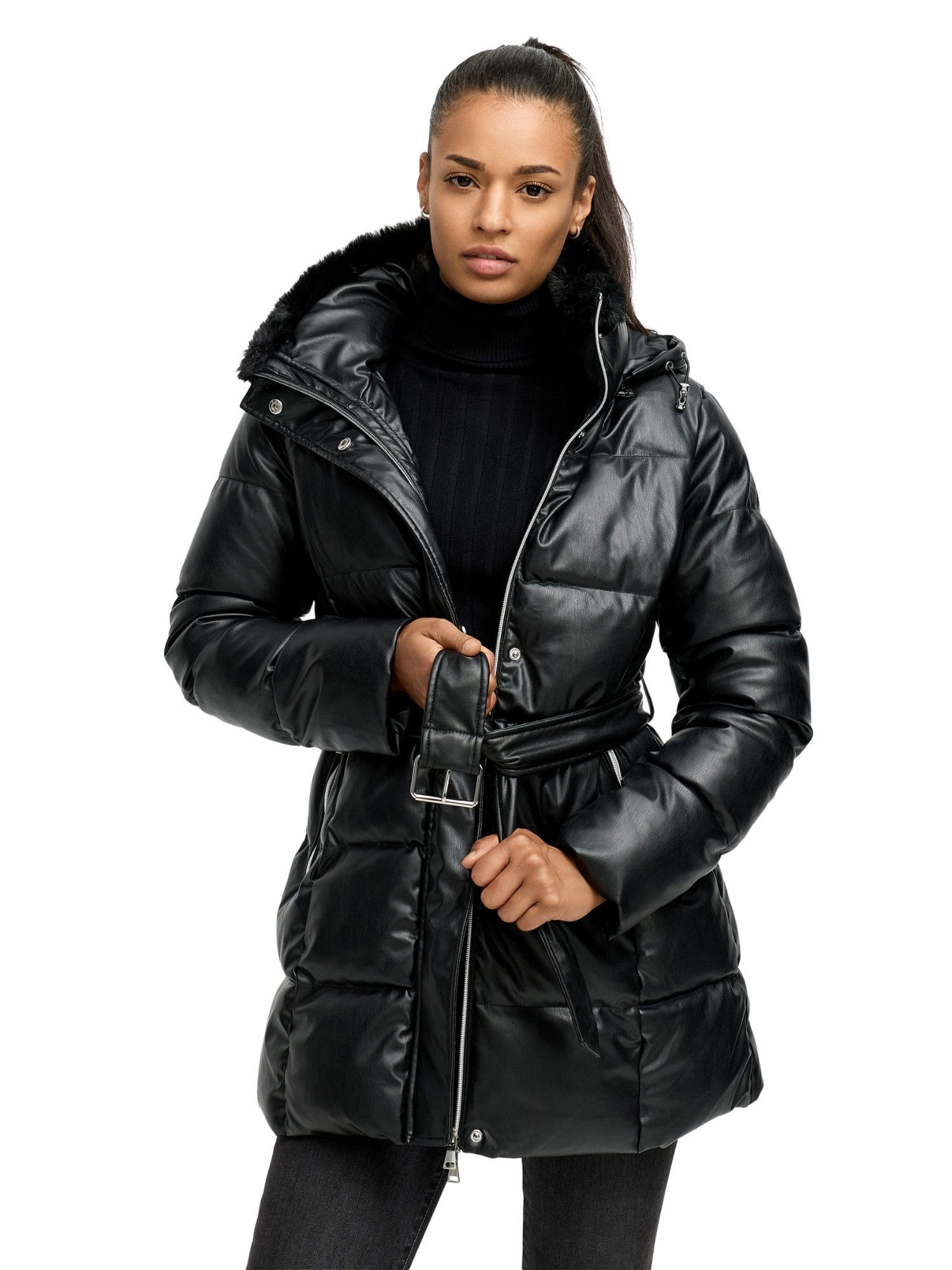 Tazzio Steppmantel F802 mit Kapuze, Lederoptik-Steppmantel mit Taillengürtel