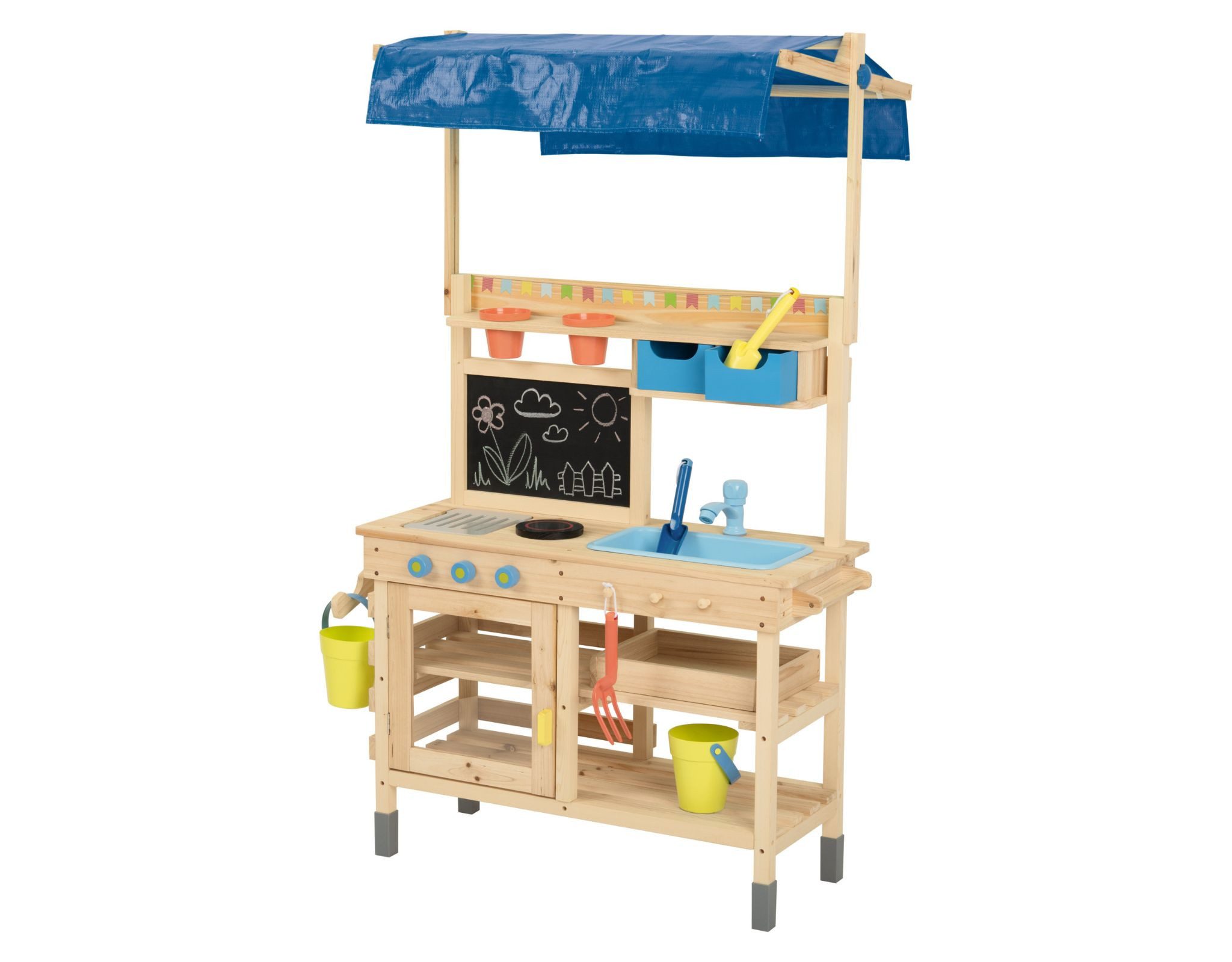 Playtive Outdoor-Spielküche Matschküche Outdoor Kinder Spielküche Holz mit Dach ab 3 Jahren