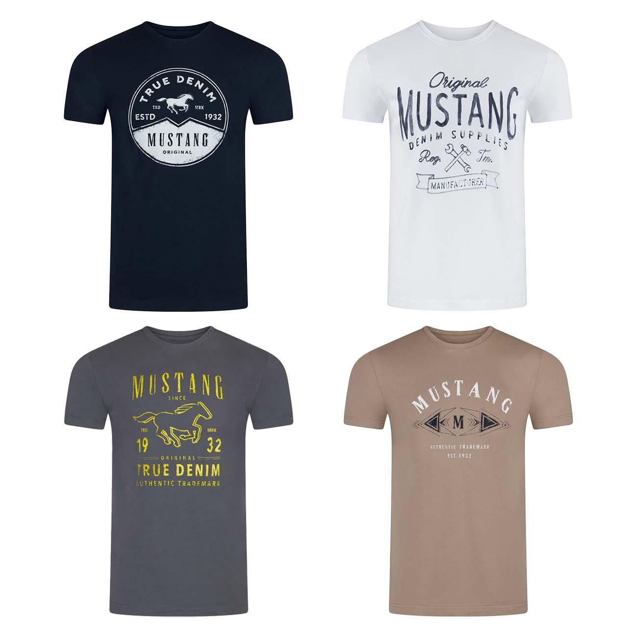 MUSTANG mit Herren Regular aus Printshirt Basic Fit Rundhalsausschnitt (P23) Tee Kurzarm T-Shirt Baumwolle C Shirt Farbmix (4-tlg) Print Alex 100%