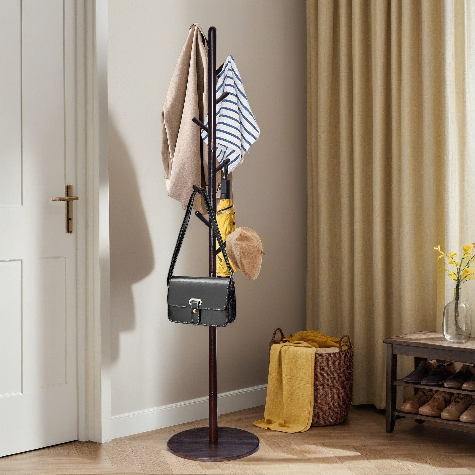 BlingBin Kleiderständer Kleiderständer Massivholz, Jackenständer Baumform, 8 Haken, (1 Stück, 1 St., 173 × 38 cm), für Jacken, Hüte, Taschen, für Flur, Schlafzimmer, Eingangsbereich