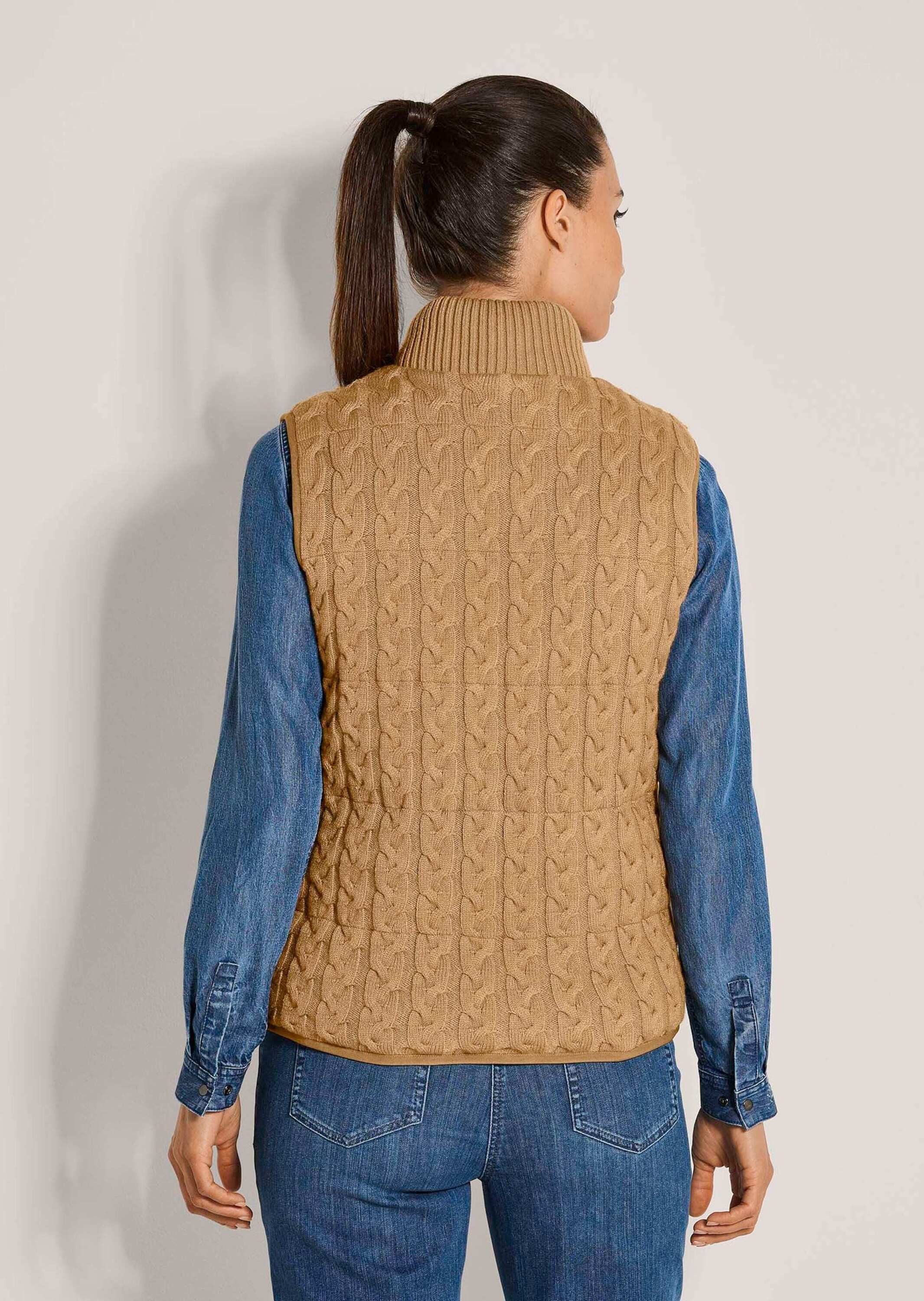 MADELEINE Kurzweste Strickweste mit Zopfmuster Zweifarbige Weste mit Stehkragen und Reißverschluss