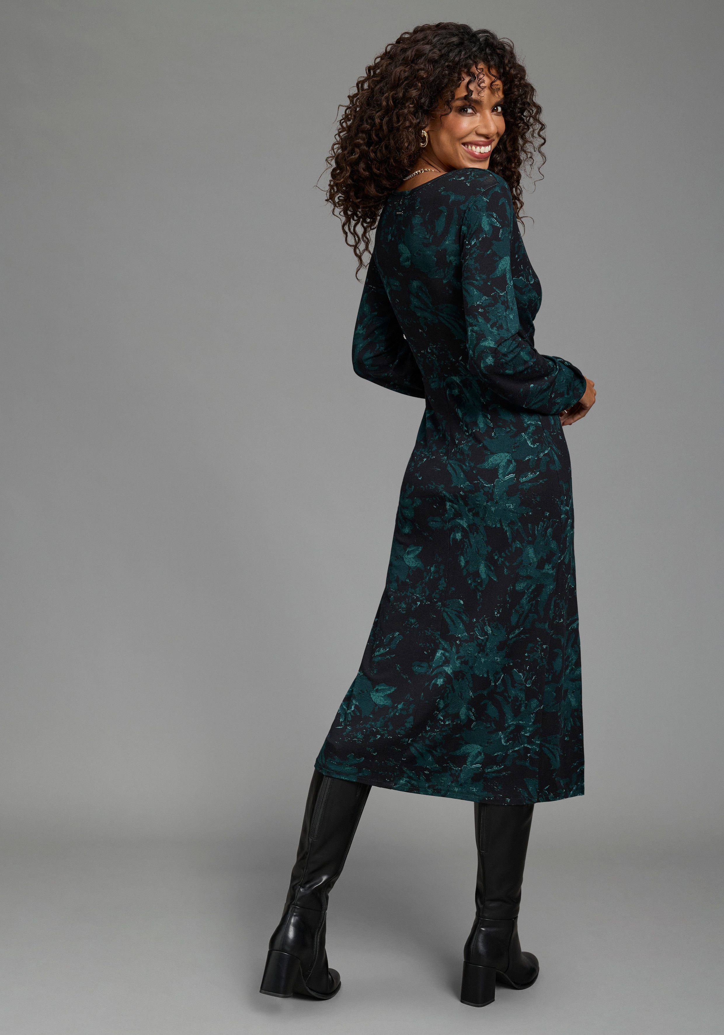 Bruno Banani Jerseykleid mit Zierknoten und V-Ausschnitt modische Midi-Länge, figurbetonte Passform