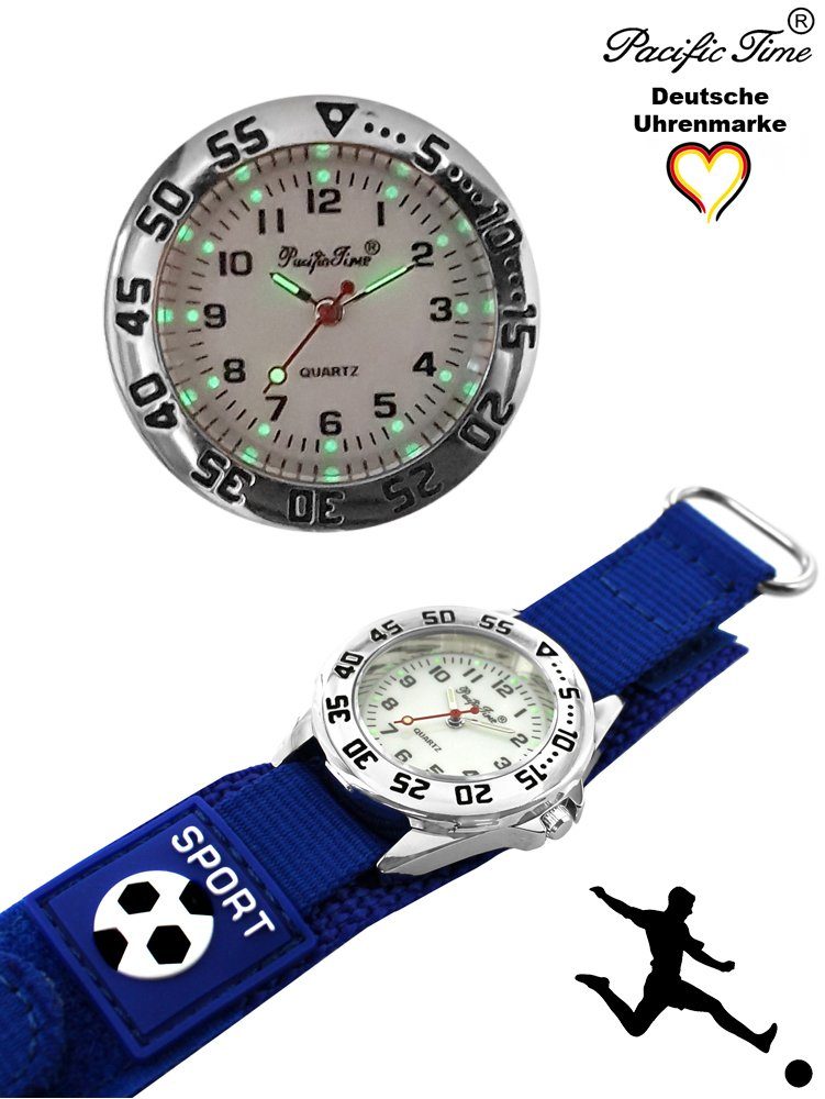 Kinder Accessoires Pacific Time Quarzuhr Kinder Armbanduhr blau Jungen Fußball Klettverschuß Drehlünette 87193, Zeiger und Minut