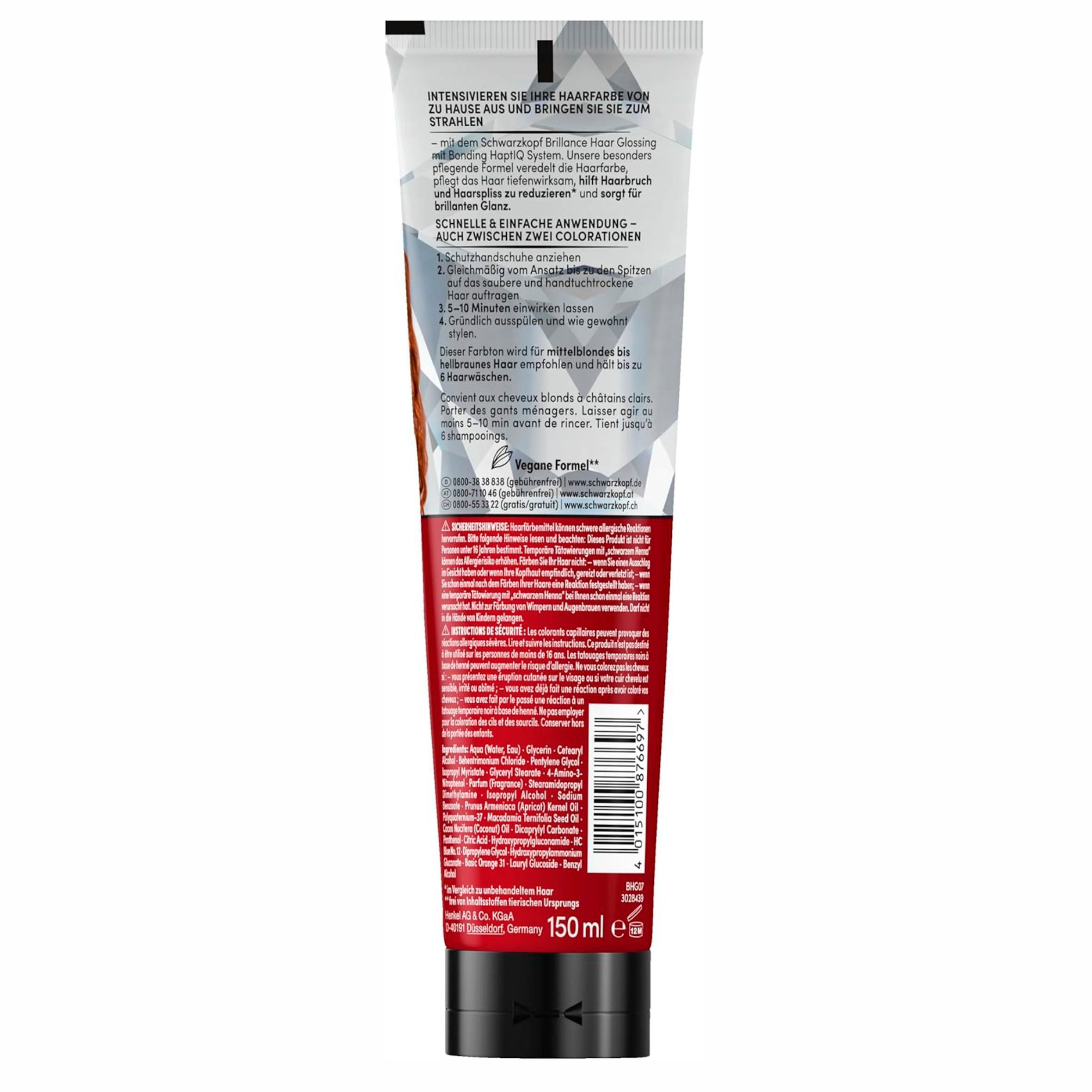 Brillance Haarfarbe 1x Brillance Glanz-Behandlung, Haar Glossing Kupfer (150 ml), 1-tlg., intensiviert die Haarfarbe für bis zu 6 Haarwäschen